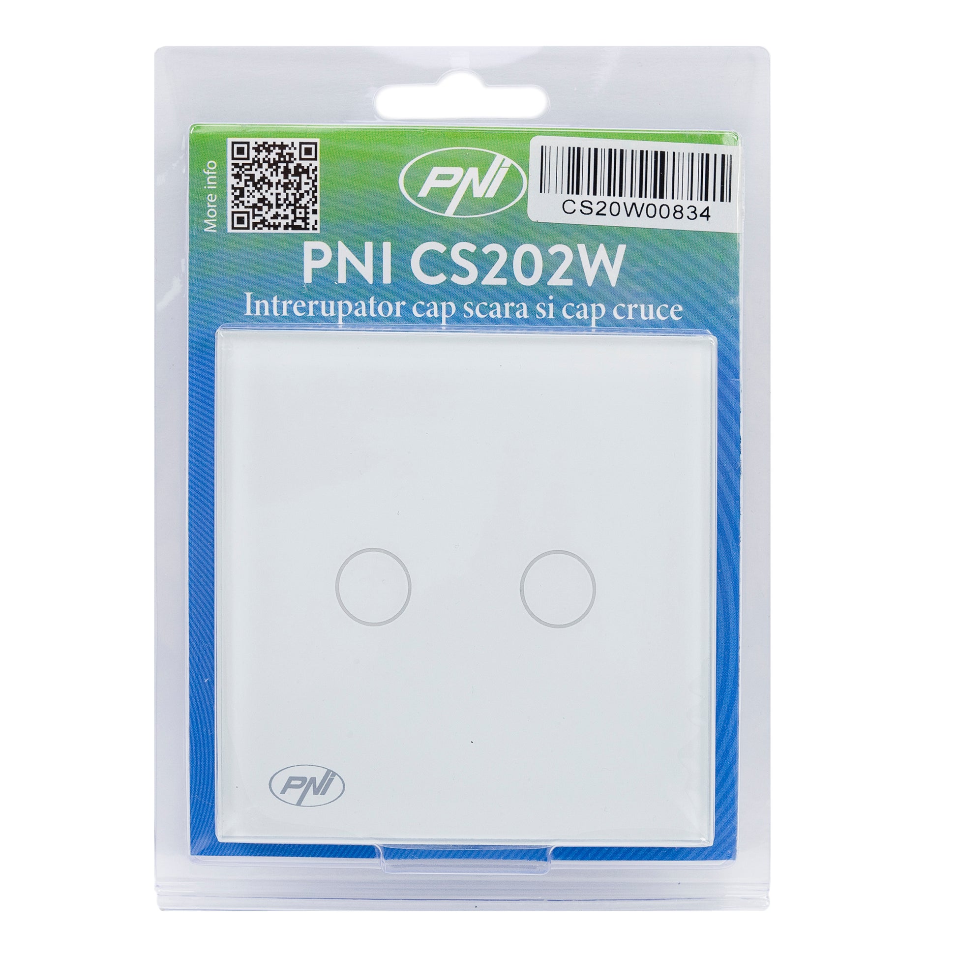 Intrerupator cap scara si cap cruce dublu cu touch PNI CS202W din sticla, alb cu LED indicator, 800W / intrerupator