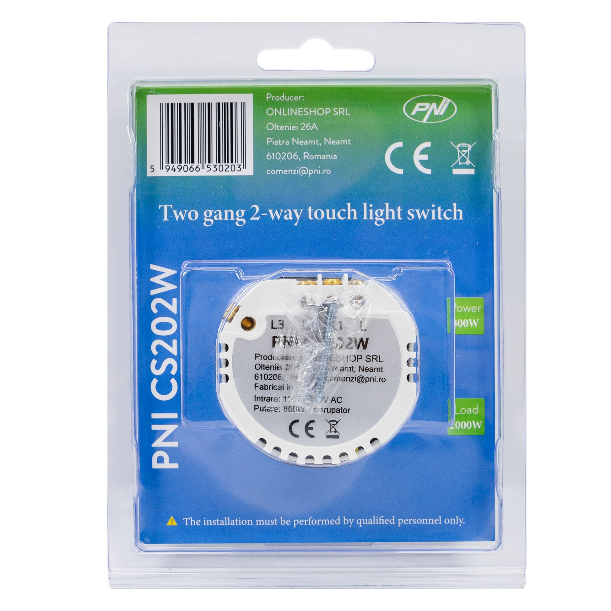 Intrerupator cap scara si cap cruce dublu cu touch PNI CS202W din sticla, alb cu LED indicator, 800W / intrerupator