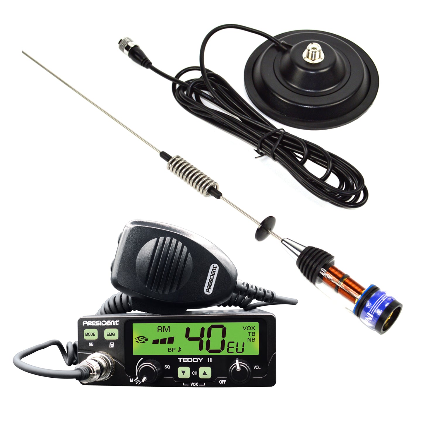 Kit Statie radio CB President Teddy II ASC AM/FM, VOX, NB, ANL, 12V + Antena CB PNI ML70, lungime 70cm, 26-30MHz, 200W