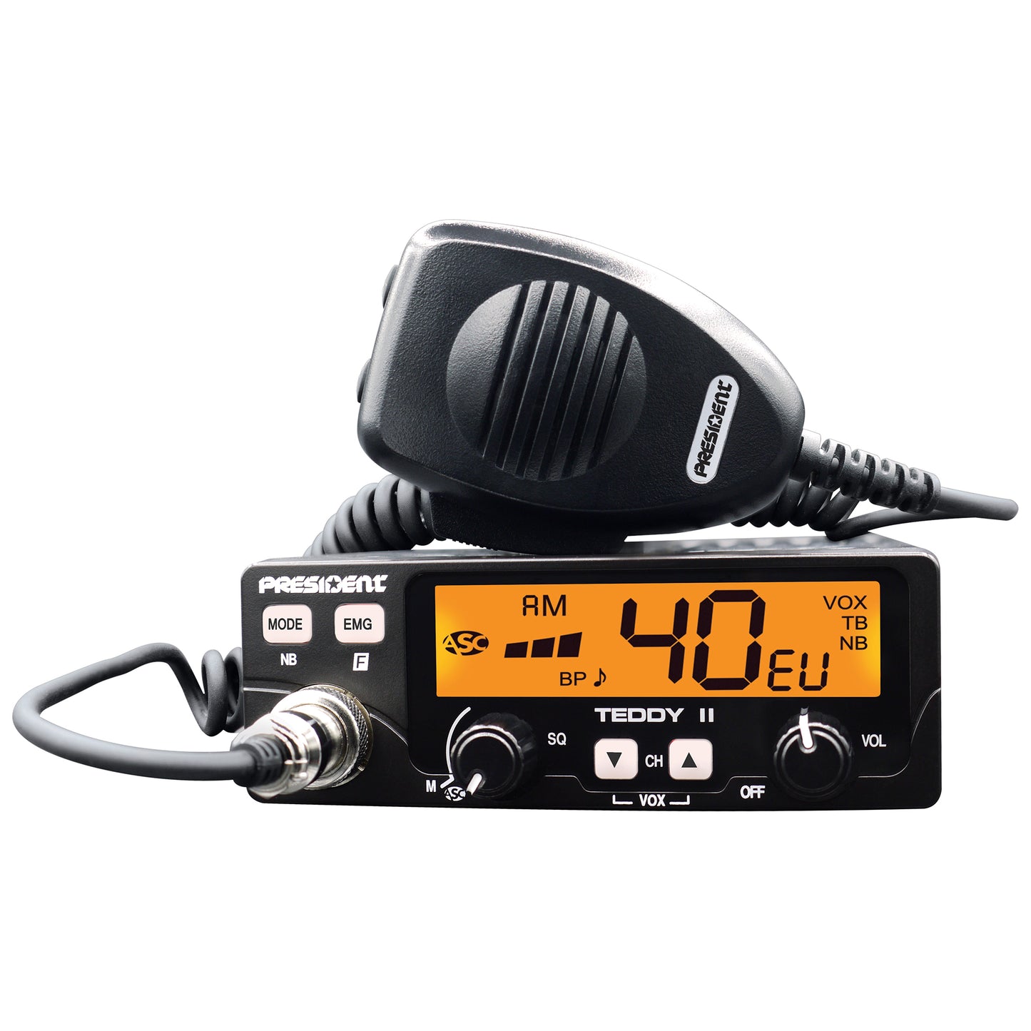 Kit Statie radio CB President Teddy II ASC AM/FM, VOX, NB, ANL, 12V + Antena CB PNI ML70, lungime 70cm, 26-30MHz, 200W