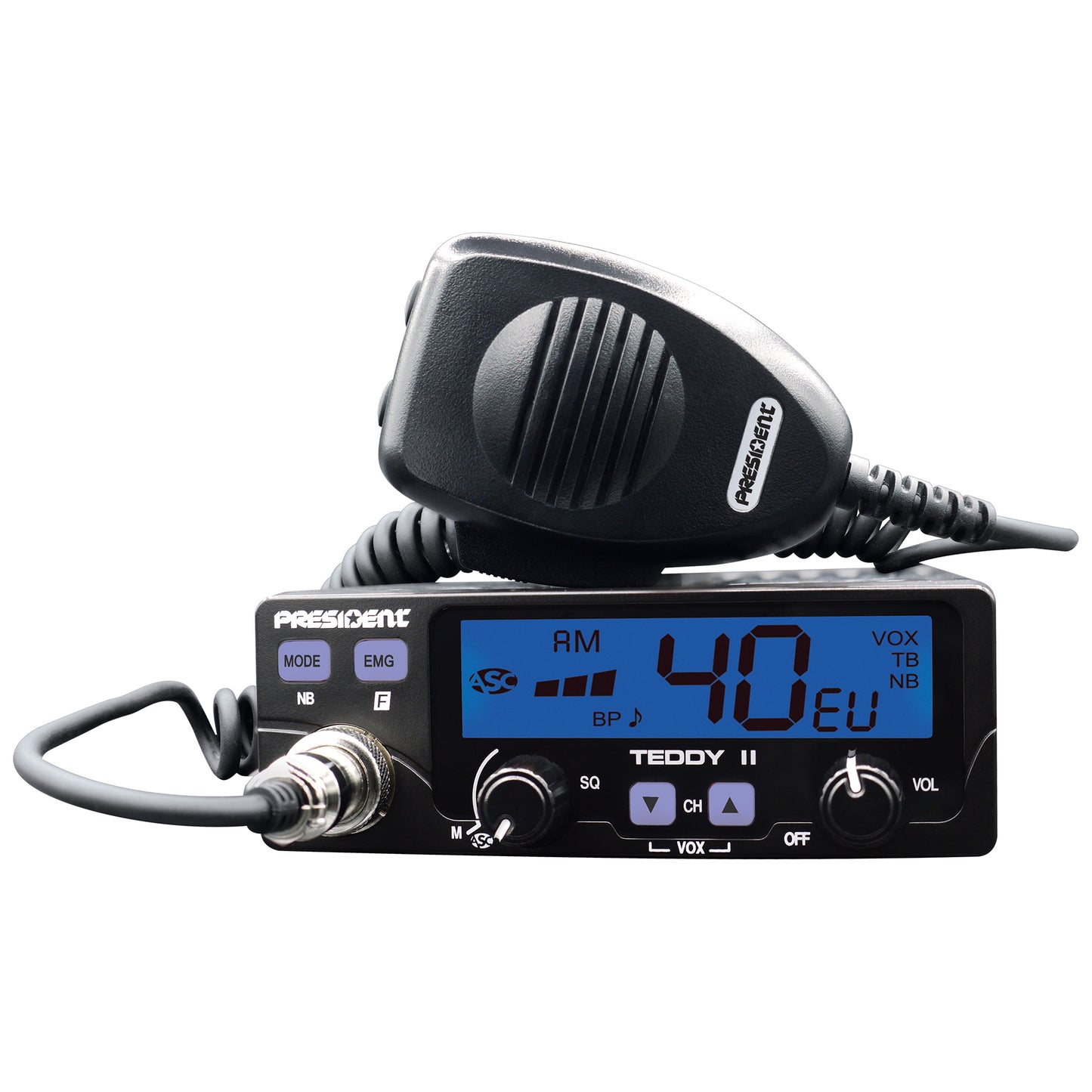 Kit Statie radio CB President Teddy II ASC AM/FM, VOX, NB, ANL, 12V + Antena CB PNI ML70, lungime 70cm, 26-30MHz, 200W
