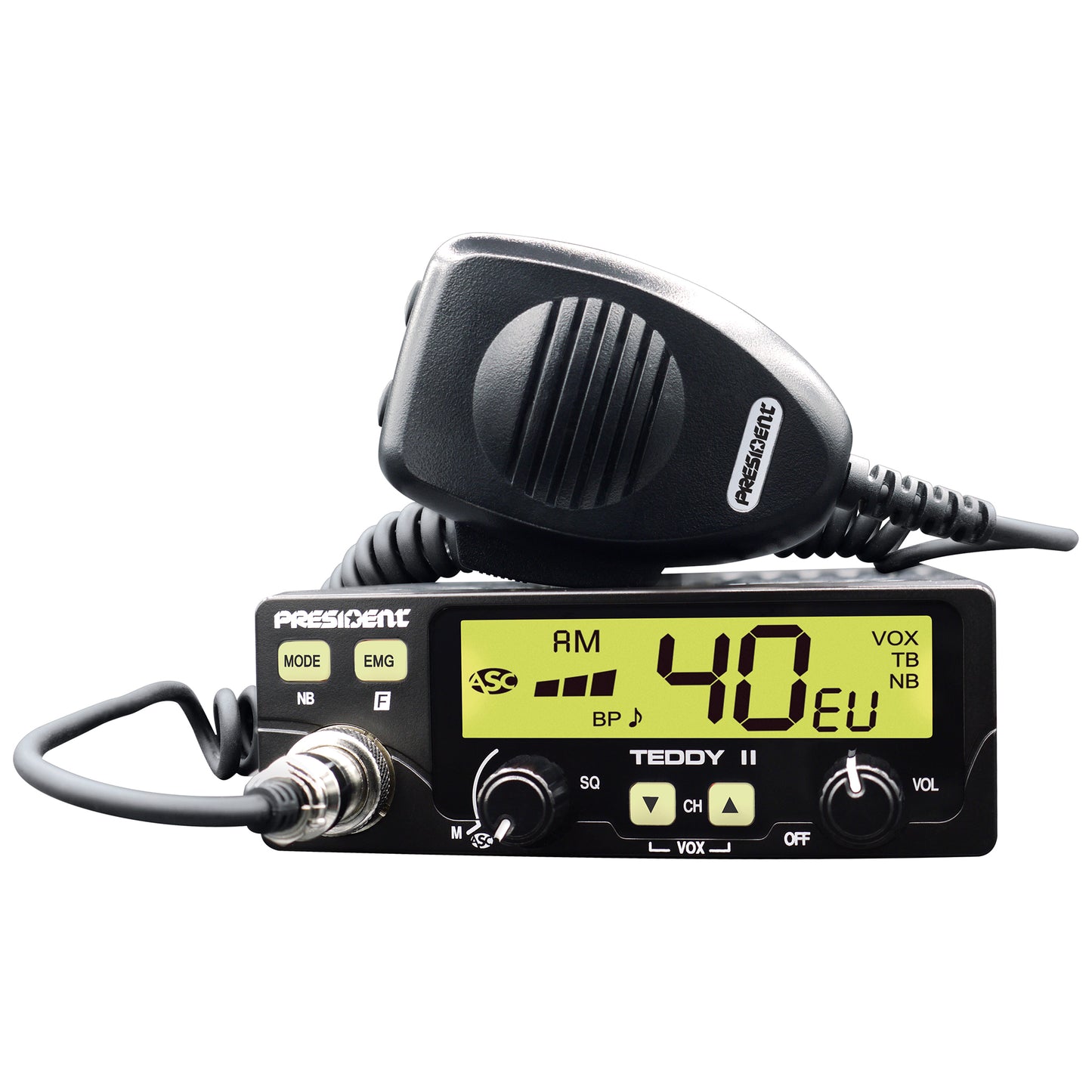 Kit Statie radio CB President Teddy II ASC AM/FM, VOX, NB, ANL, 12V + Antena CB PNI ML70, lungime 70cm, 26-30MHz, 200W