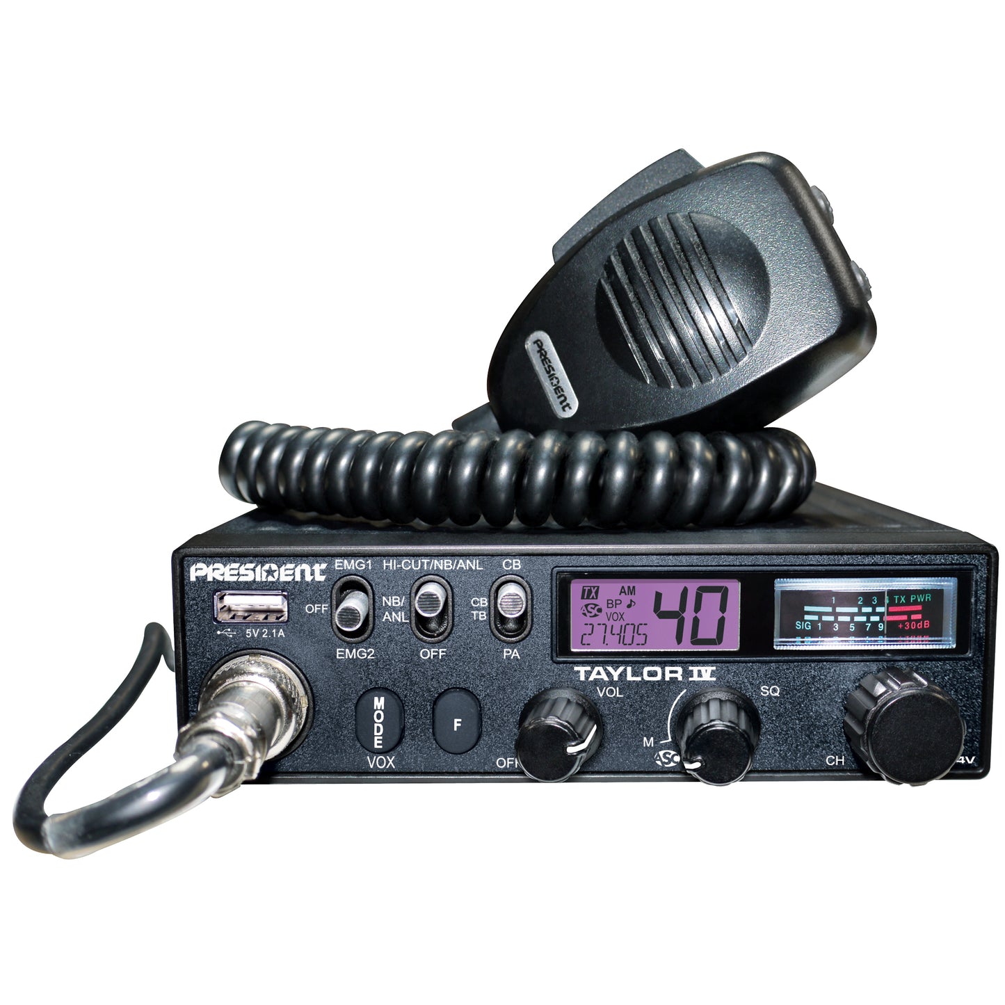 Kit Statie radio CB President TAYLOR IV ASC + Antena CB PNI ML70, lungime 70cm, 26-30MHz, 200W