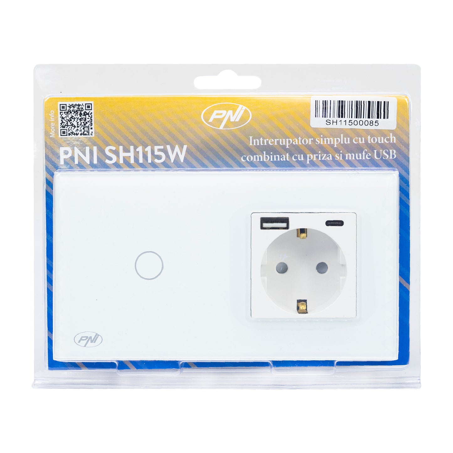 Intrerupator simplu PNI SH115W din sticla cu touch, combinat cu priza Schuko si mufe USB
