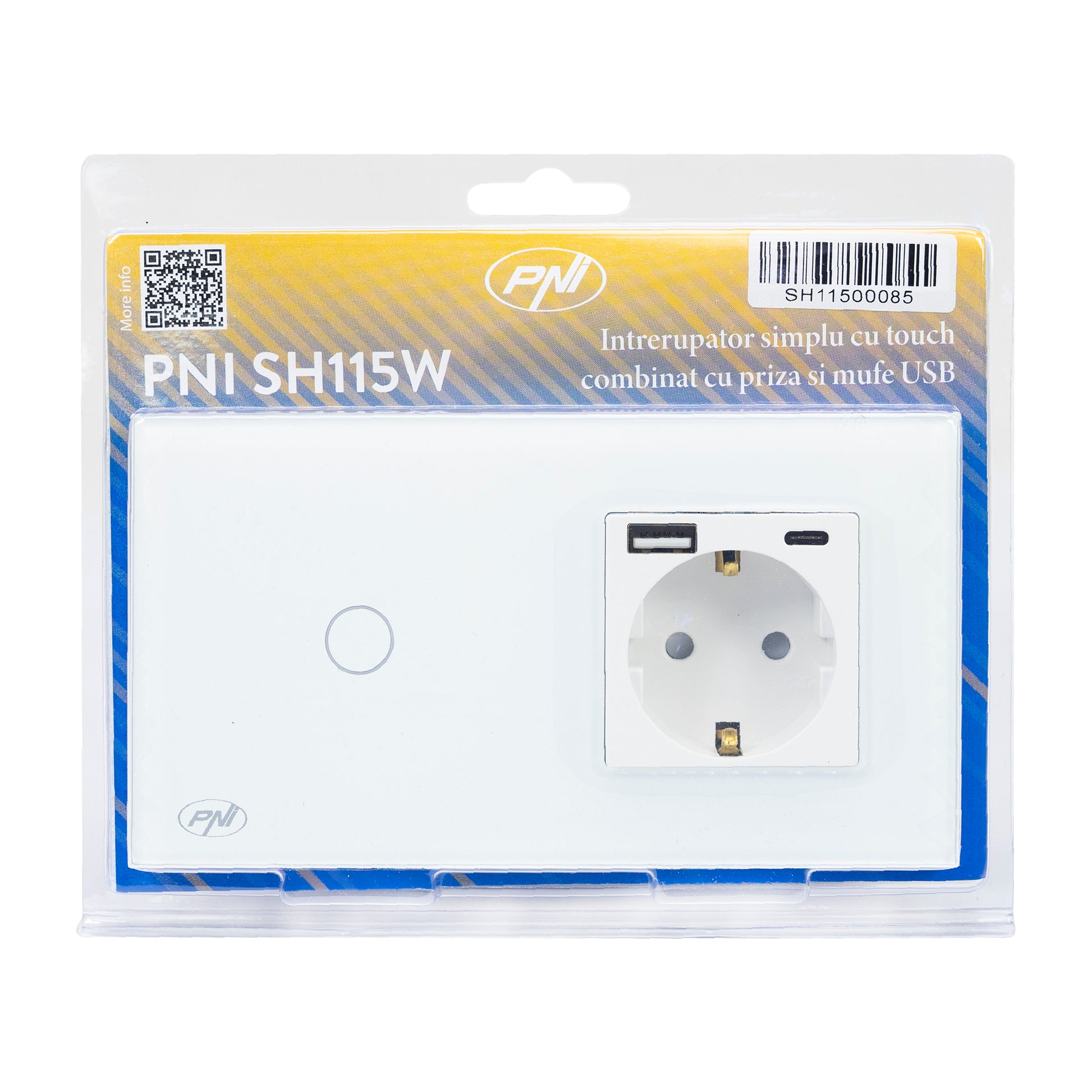 Intrerupator simplu PNI SH115W din sticla cu touch, combinat cu priza Schuko si mufe USB