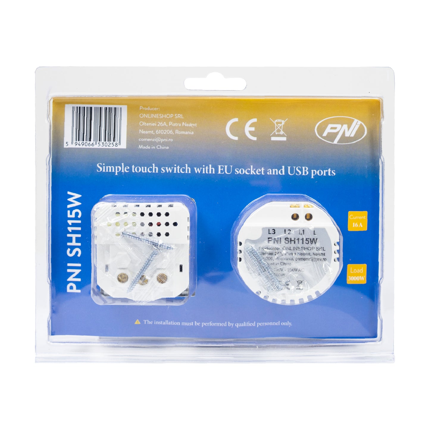 Intrerupator simplu PNI SH115W din sticla cu touch, combinat cu priza Schuko si mufe USB
