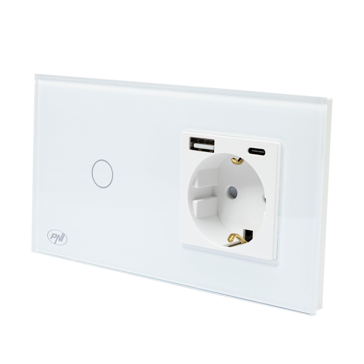 Intrerupator simplu PNI SH115W din sticla cu touch, combinat cu priza Schuko si mufe USB