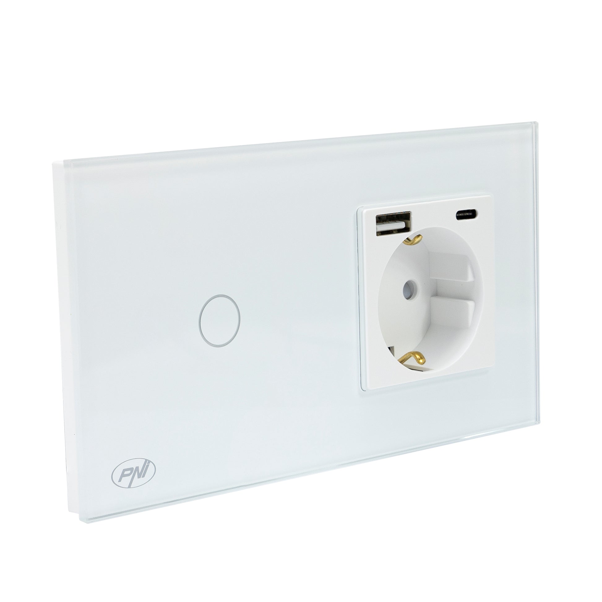 Intrerupator simplu PNI SH115W din sticla cu touch, combinat cu priza Schuko si mufe USB