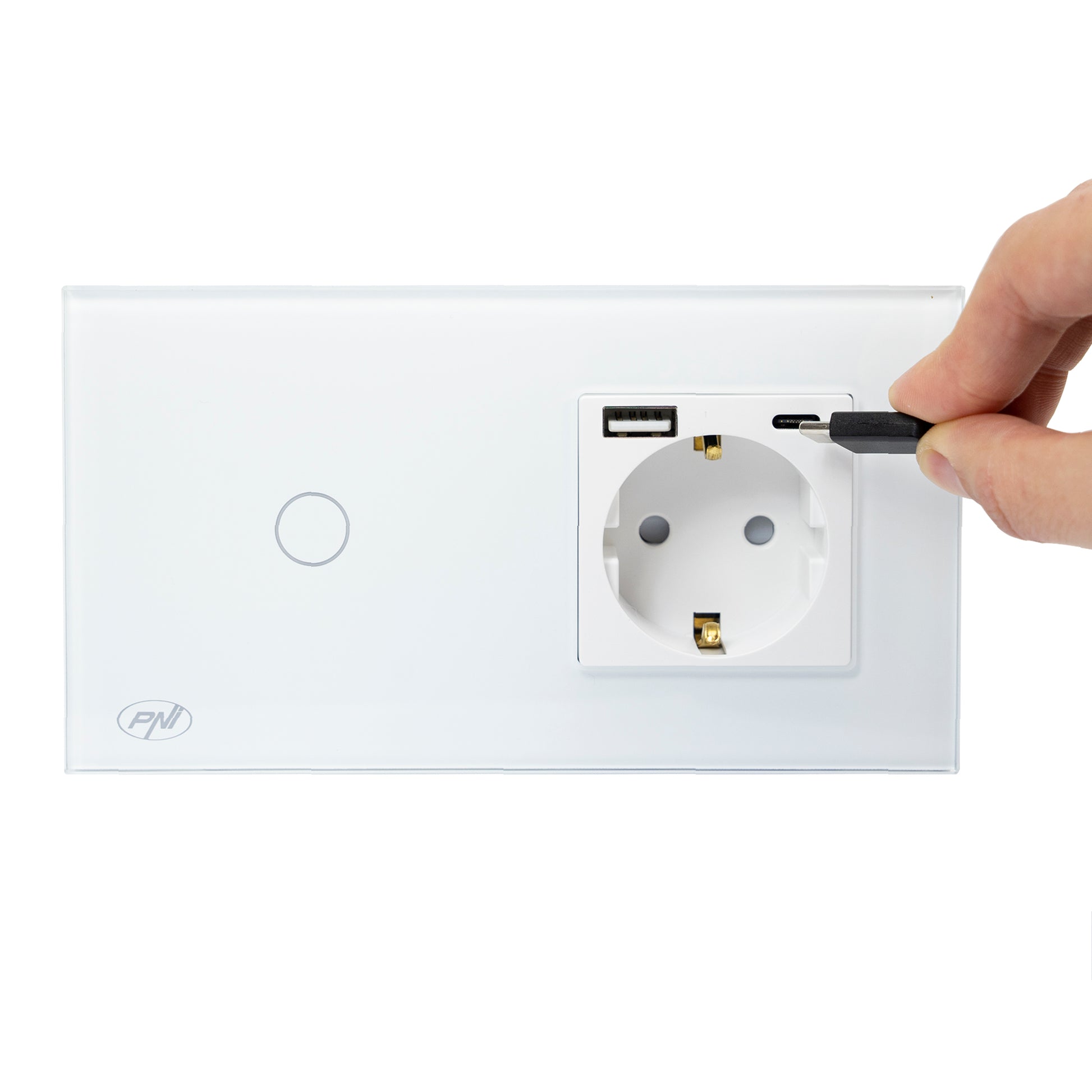 Intrerupator simplu PNI SH115W din sticla cu touch, combinat cu priza Schuko si mufe USB
