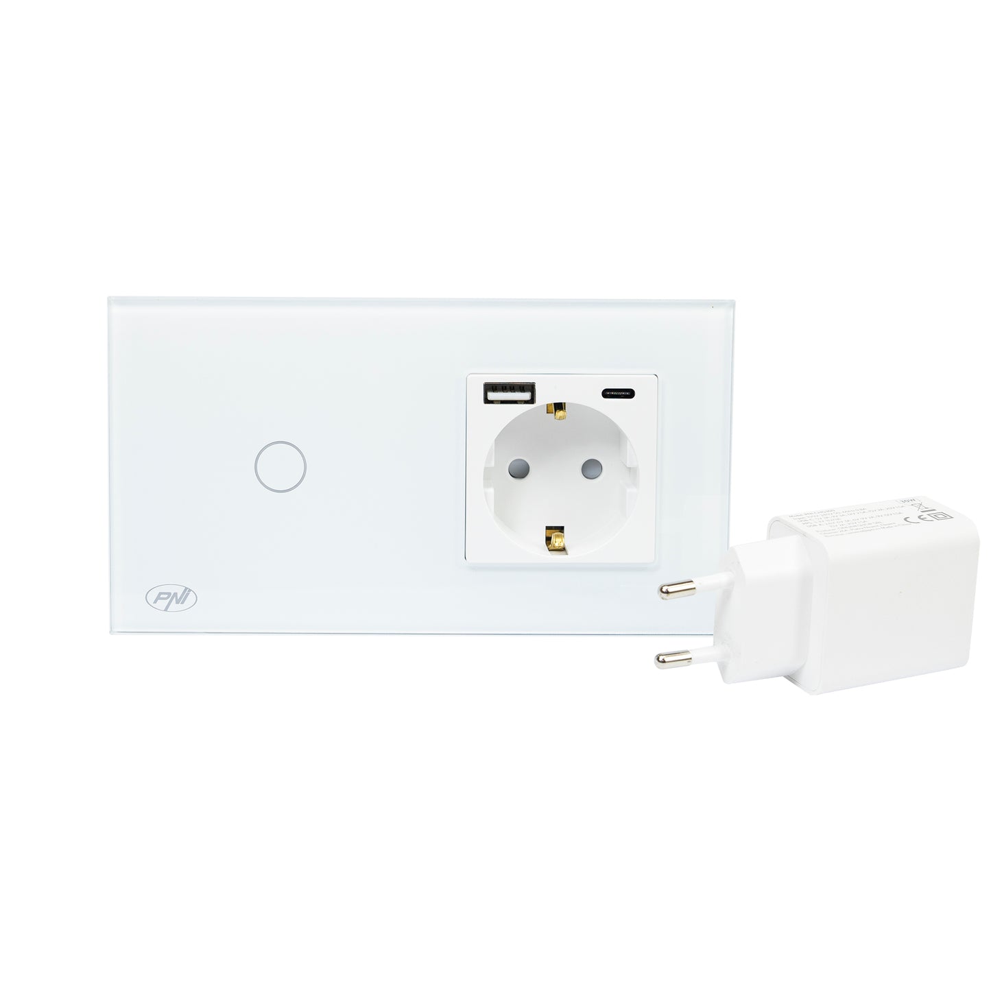 Intrerupator simplu PNI SH115W din sticla cu touch, combinat cu priza Schuko si mufe USB