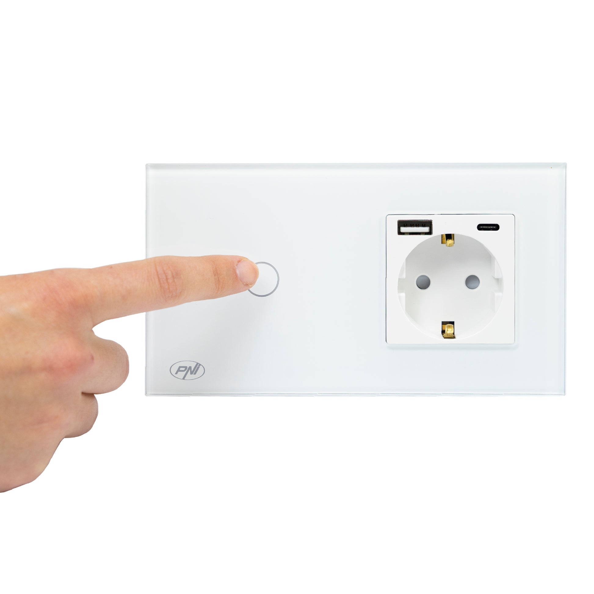 Intrerupator simplu PNI SH115W din sticla cu touch, combinat cu priza Schuko si mufe USB