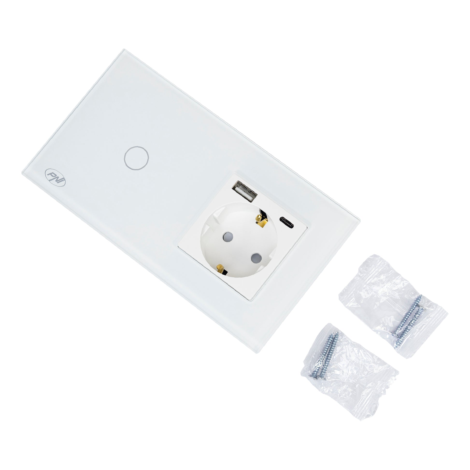 Intrerupator simplu PNI SH115W din sticla cu touch, combinat cu priza Schuko si mufe USB