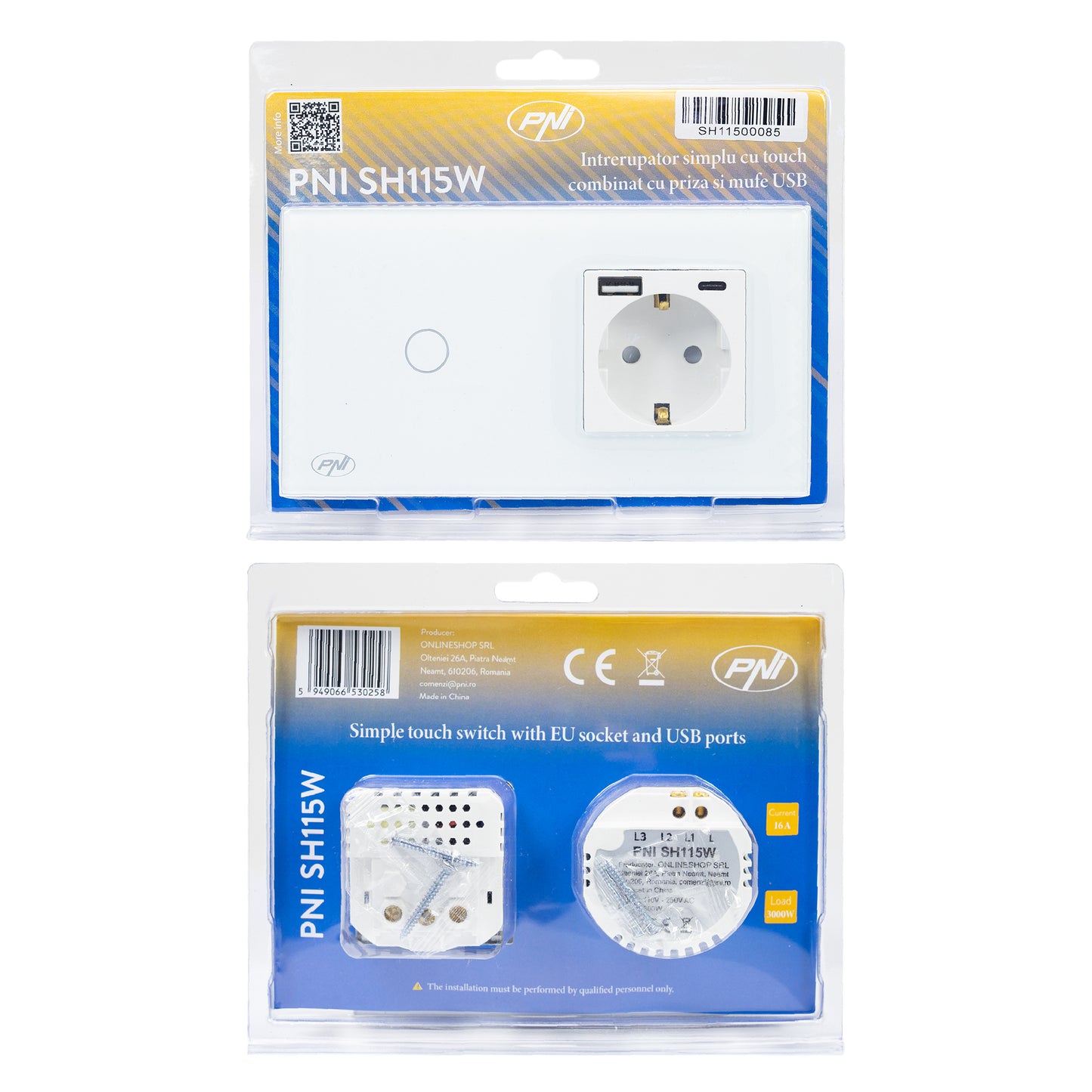 Intrerupator simplu PNI SH115W din sticla cu touch, combinat cu priza Schuko si mufe USB