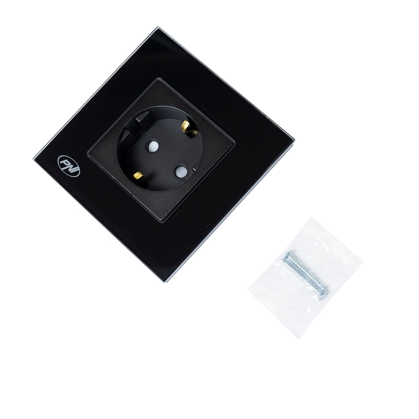 Priza simpla incastrabila PNI WP101B, cu rama din sticla, 16A, 3700W, 230V, negru