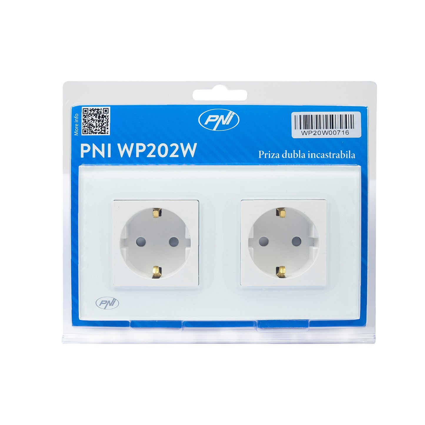 Priza dubla incastrabila PNI WP202W, cu rama din sticla, 16A, 2X3000W, 230V, alb