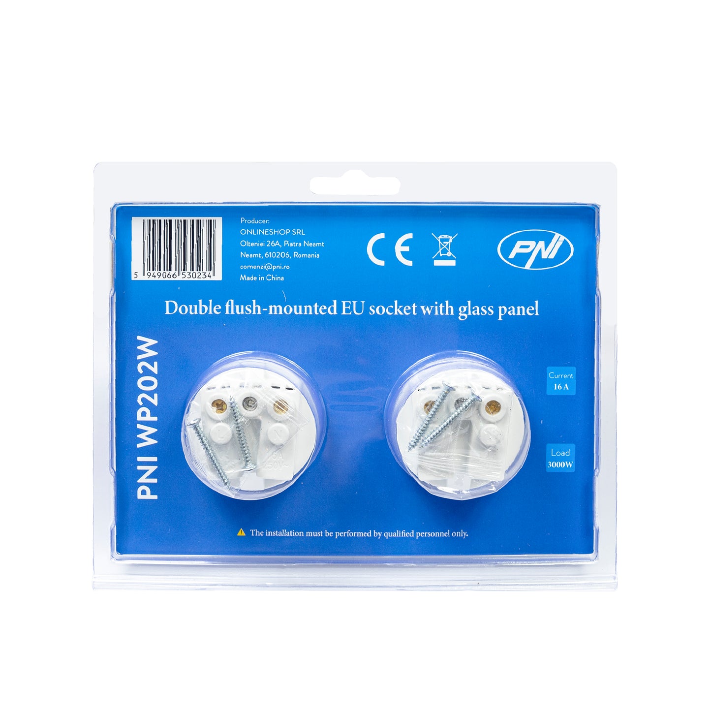 Priza dubla incastrabila PNI WP202W, cu rama din sticla, 16A, 2X3000W, 230V, alb