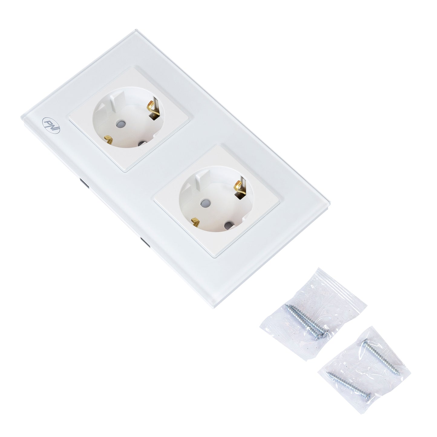Priza dubla incastrabila PNI WP202W, cu rama din sticla, 16A, 2X3000W, 230V, alb