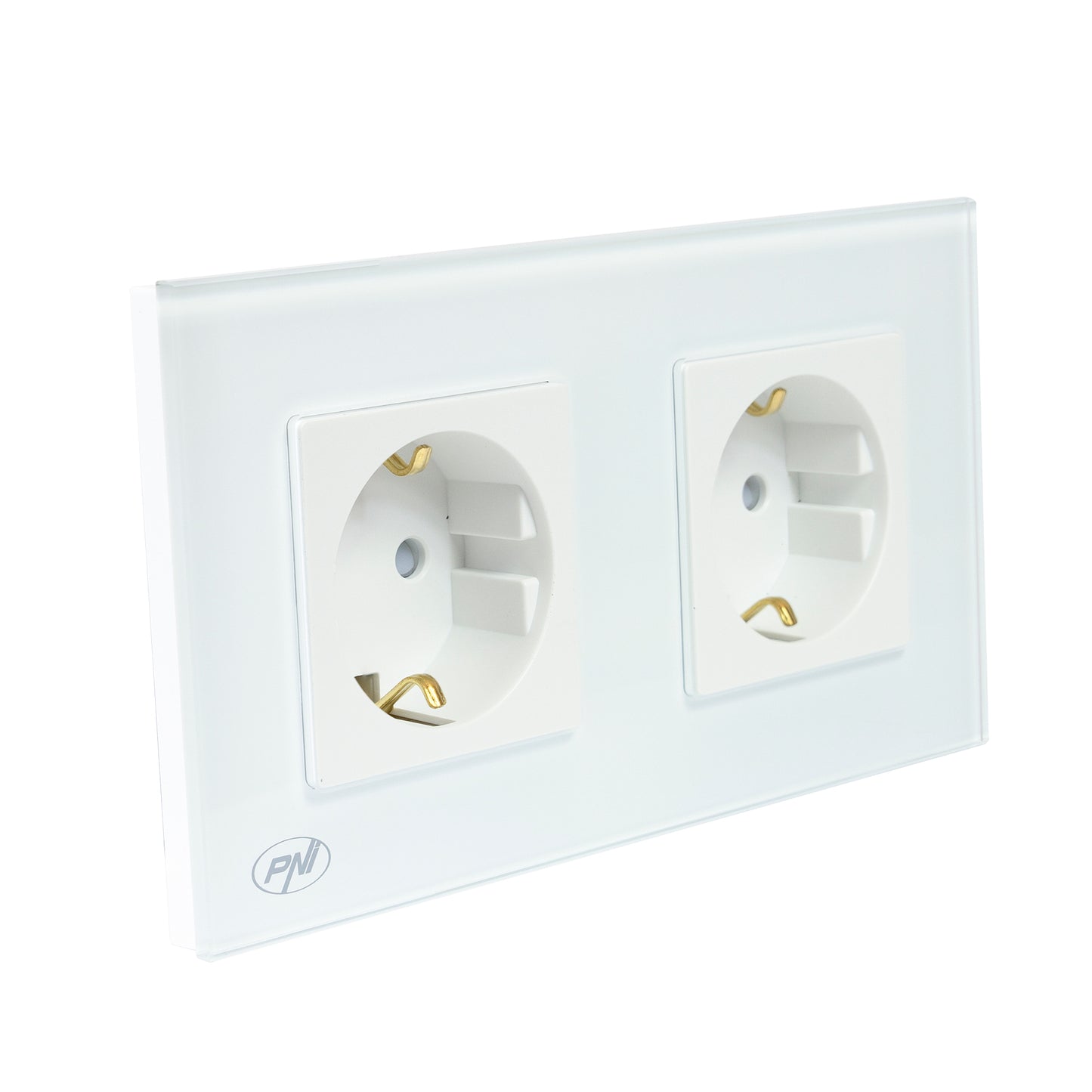 Priza dubla incastrabila PNI WP202W, cu rama din sticla, 16A, 2X3000W, 230V, alb