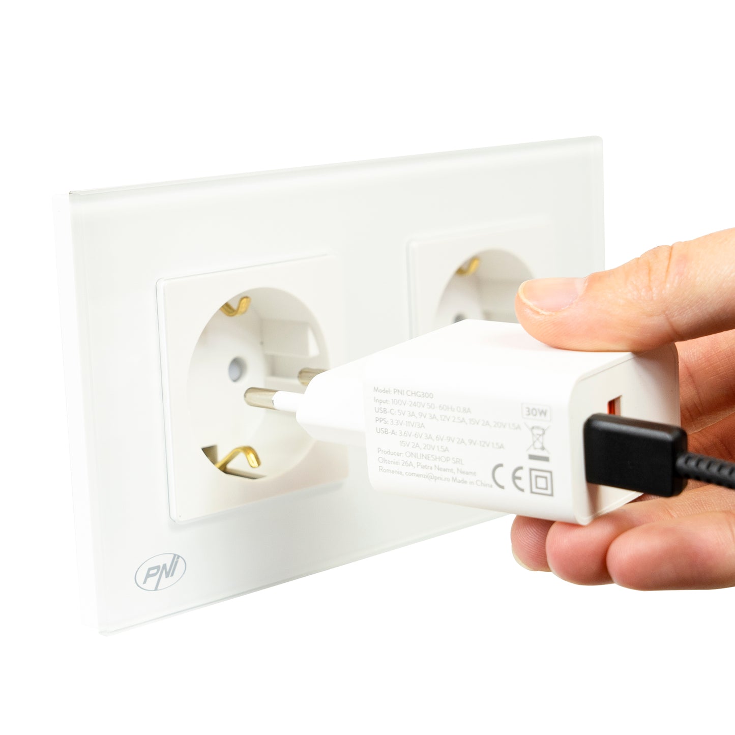 Priza dubla incastrabila PNI WP202W, cu rama din sticla, 16A, 2X3000W, 230V, alb