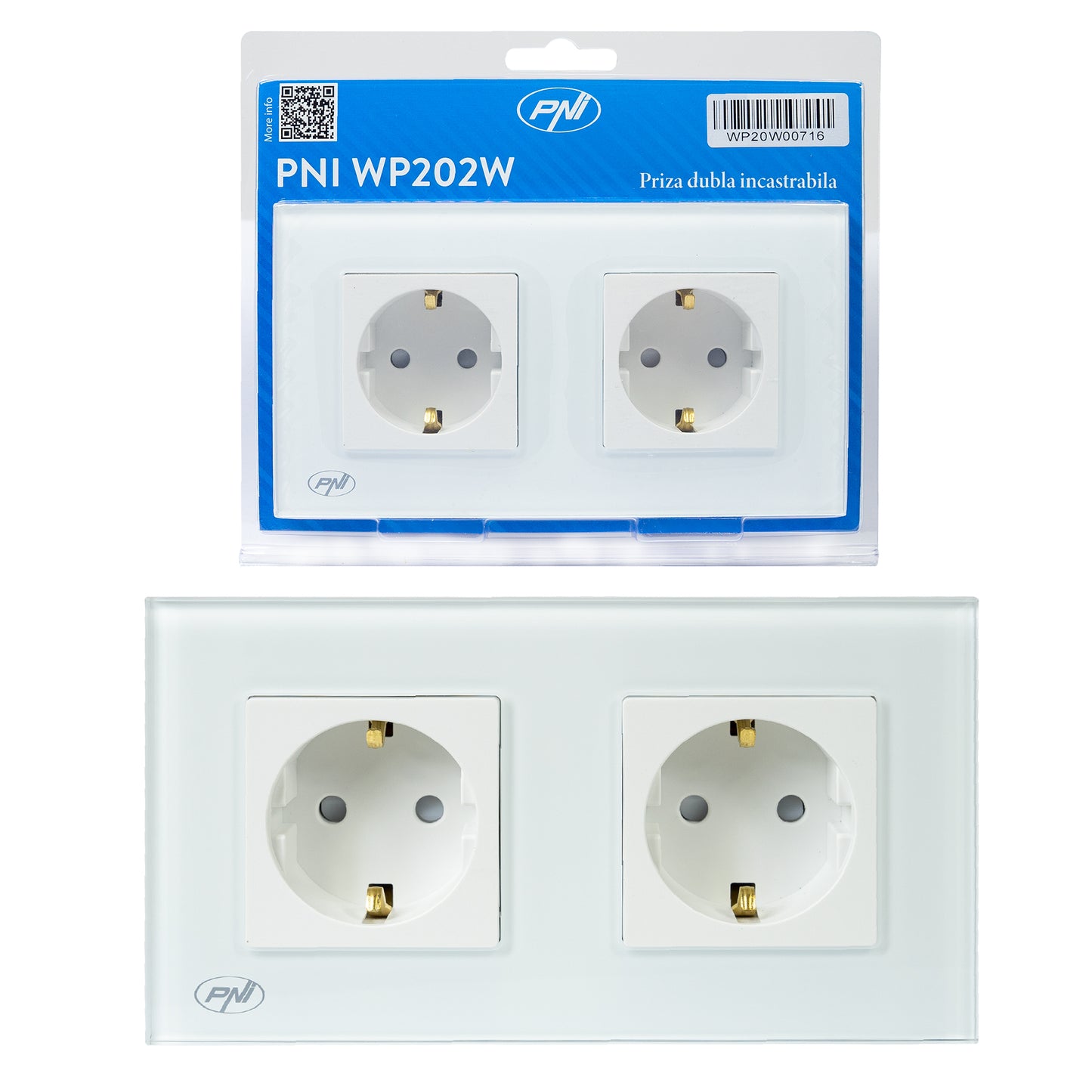 Priza dubla incastrabila PNI WP202W, cu rama din sticla, 16A, 2X3000W, 230V, alb