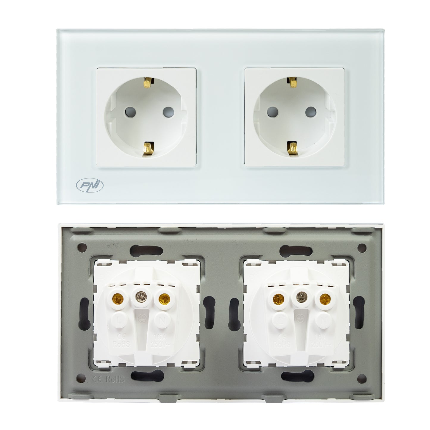 Priza dubla incastrabila PNI WP202W, cu rama din sticla, 16A, 2X3000W, 230V, alb