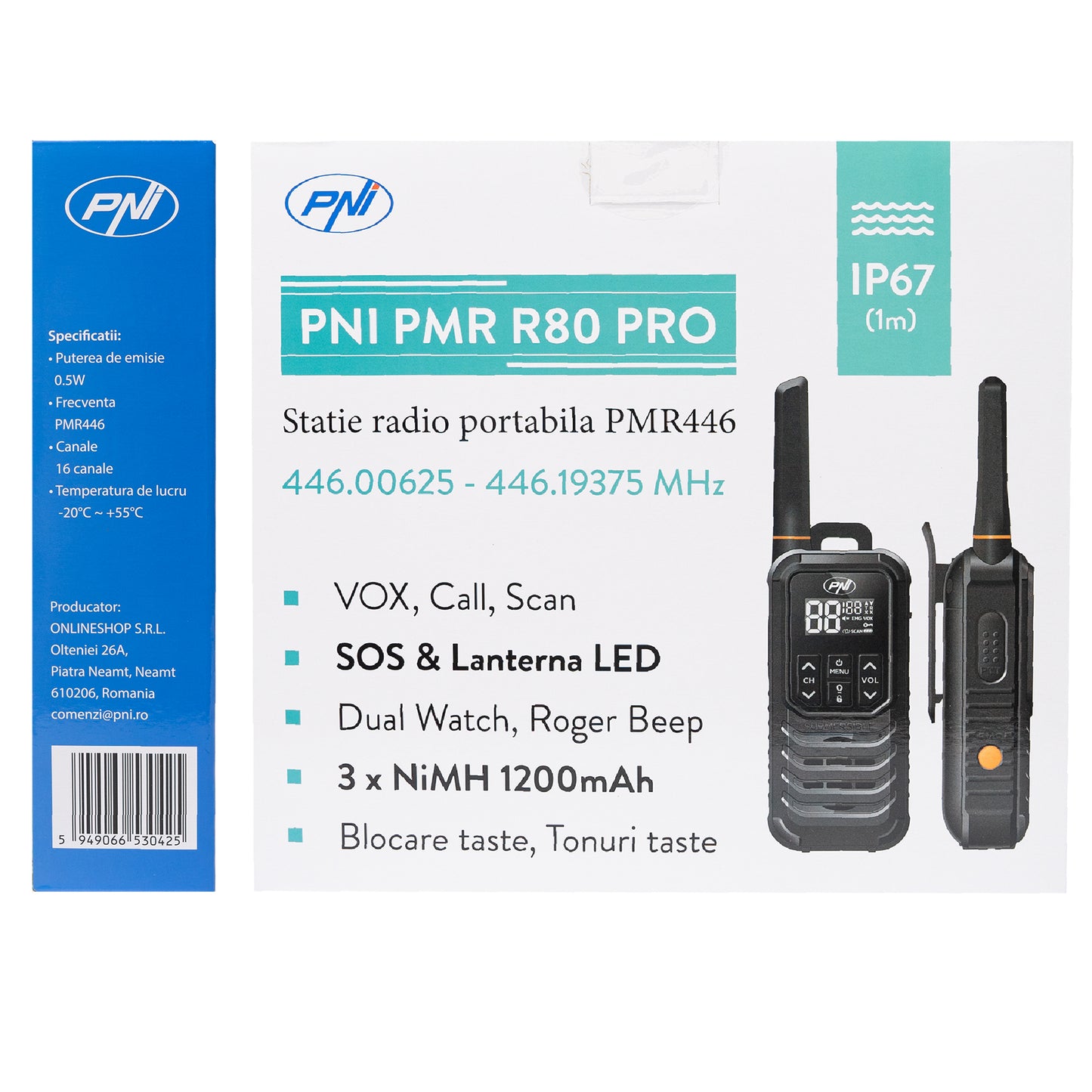 Statie radio portabila PNI PMR R80 PRO, set cu 2 bucati, 0.5W, 16 canale, Waterproof IP67, cu lanterna LED, buton SOS, VOX, USB-C