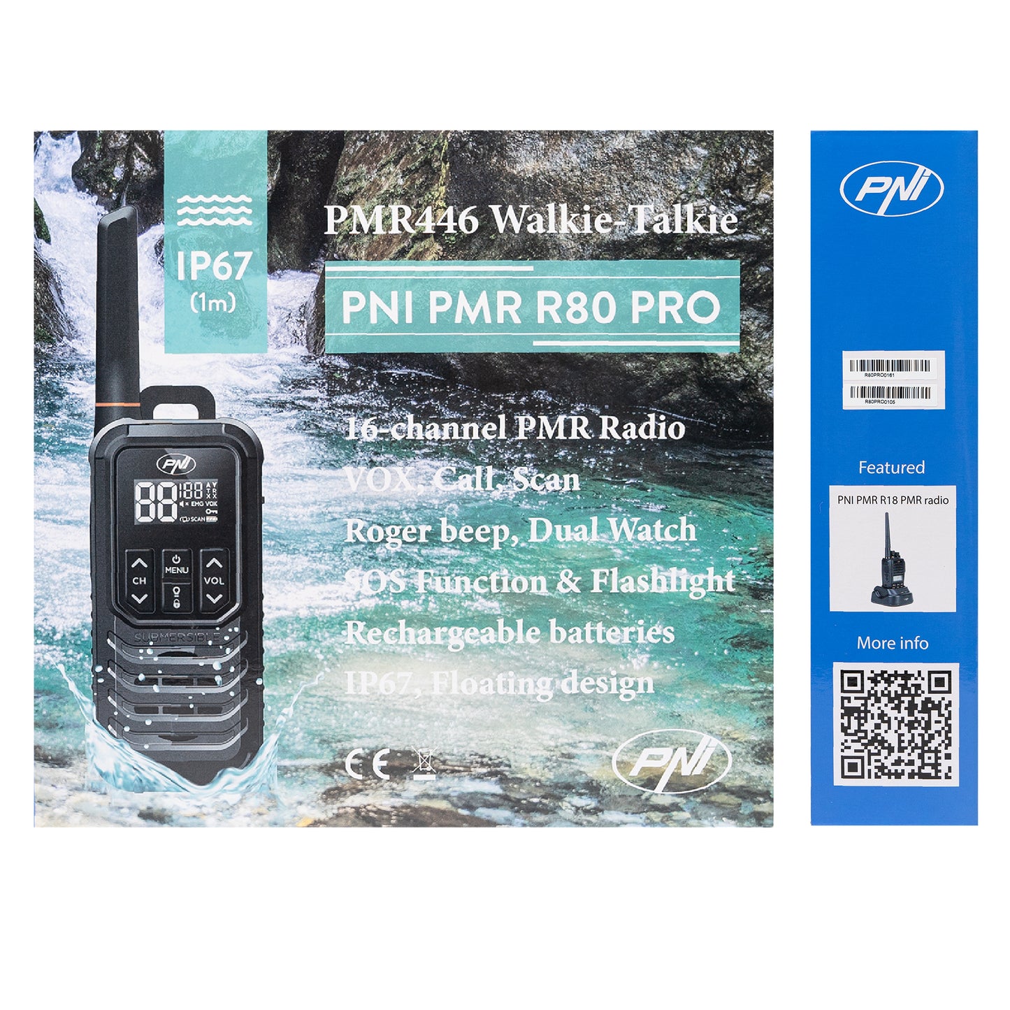 Statie radio portabila PNI PMR R80 PRO, set cu 2 bucati, 0.5W, 16 canale, Waterproof IP67, cu lanterna LED, buton SOS, VOX, USB-C