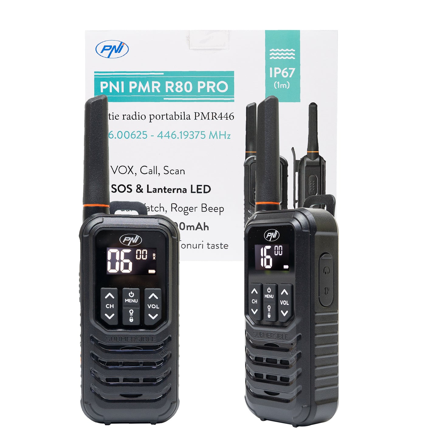 Statie radio portabila PNI PMR R80 PRO, set cu 2 bucati, 0.5W, 16 canale, Waterproof IP67, cu lanterna LED, buton SOS, VOX, USB-C