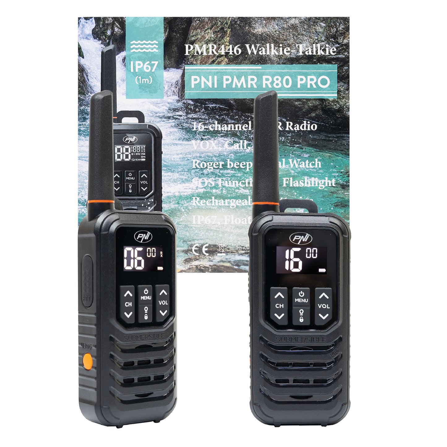 Statie radio portabila PNI PMR R80 PRO, set cu 2 bucati, 0.5W, 16 canale, Waterproof IP67, cu lanterna LED, buton SOS, VOX, USB-C