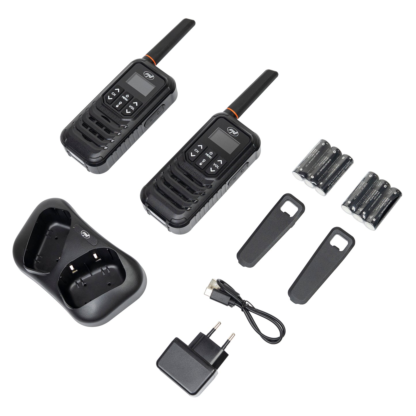 Statie radio portabila PNI PMR R80 PRO, set cu 2 bucati, 0.5W, 16 canale, Waterproof IP67, cu lanterna LED, buton SOS, VOX, USB-C