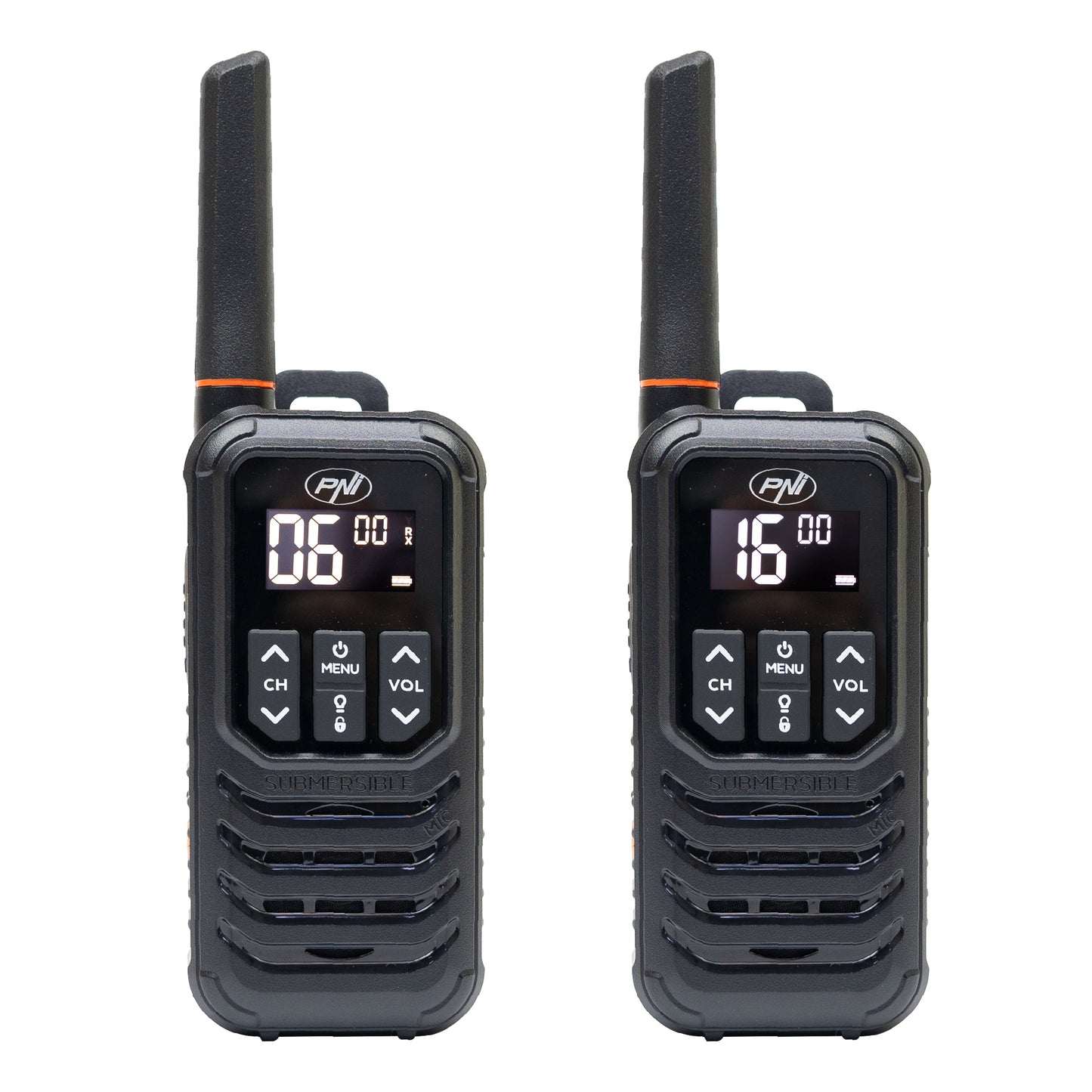 Statie radio portabila PNI PMR R80 PRO, set cu 2 bucati, 0.5W, 16 canale, Waterproof IP67, cu lanterna LED, buton SOS, VOX, USB-C