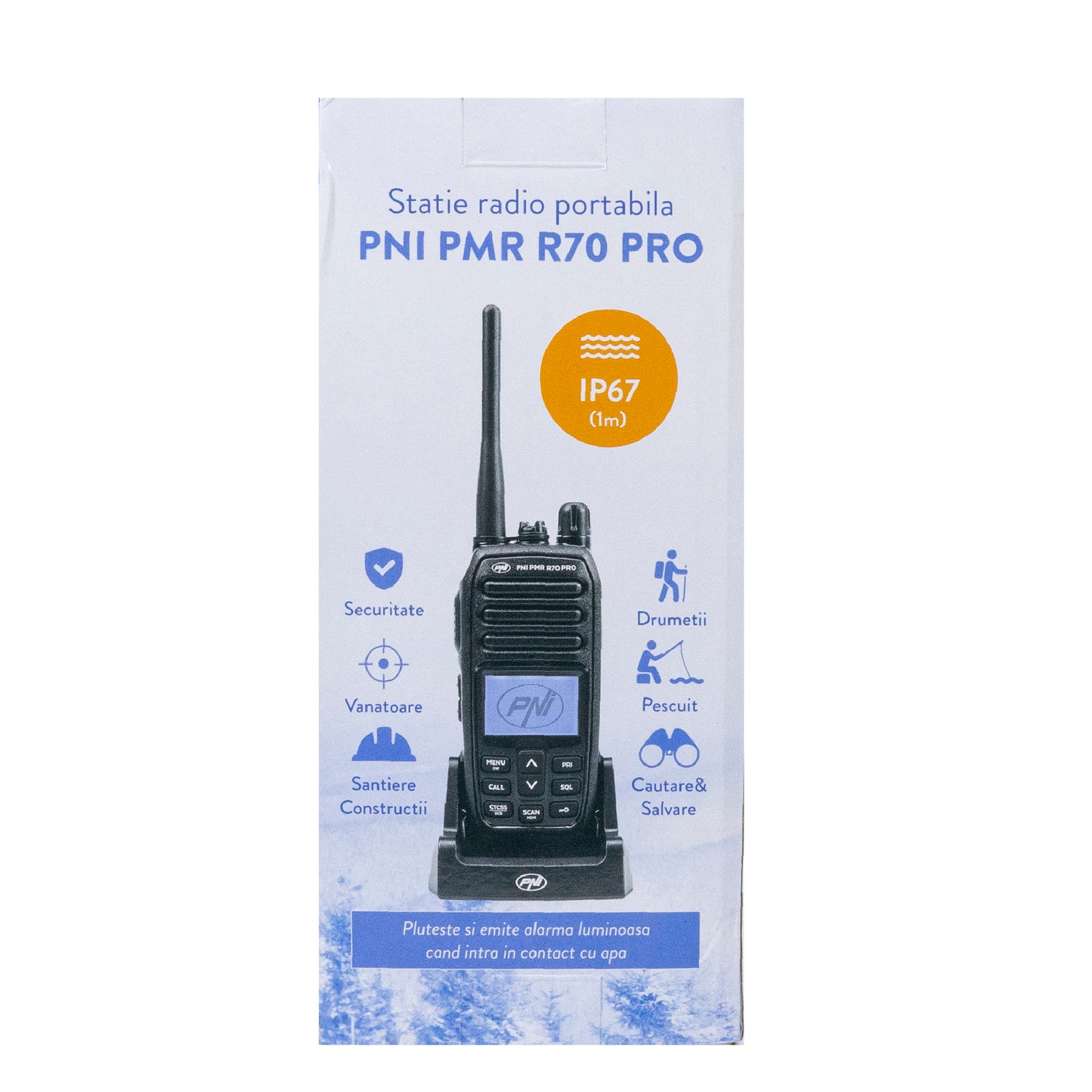 Statie radio portabila PNI PMR R70 PRO 446MHz, 16CH 0.5W, 99 canale programabile PC, tonuri 50 CTCSS si 166 DCS, IP67