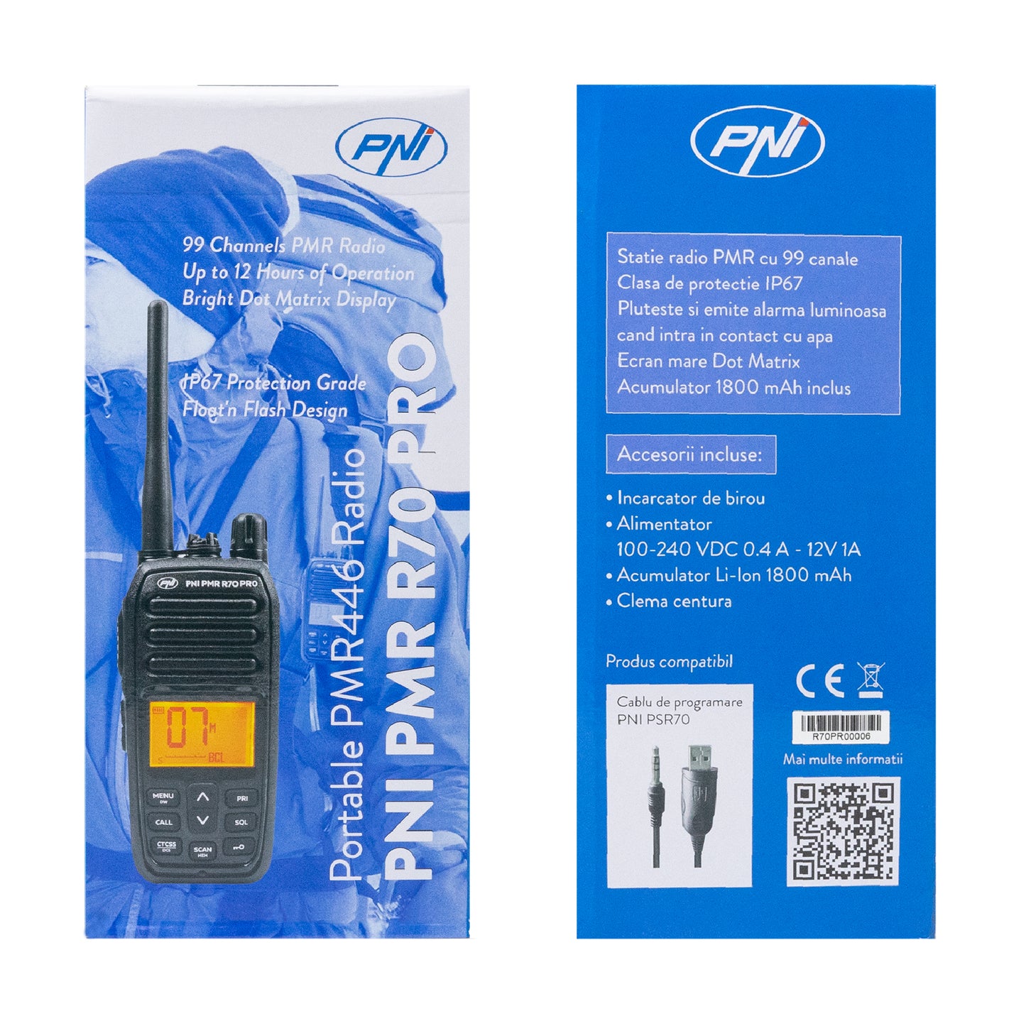 Statie radio portabila PNI PMR R70 PRO 446MHz, 16CH 0.5W, 99 canale programabile PC, tonuri 50 CTCSS si 166 DCS, IP67