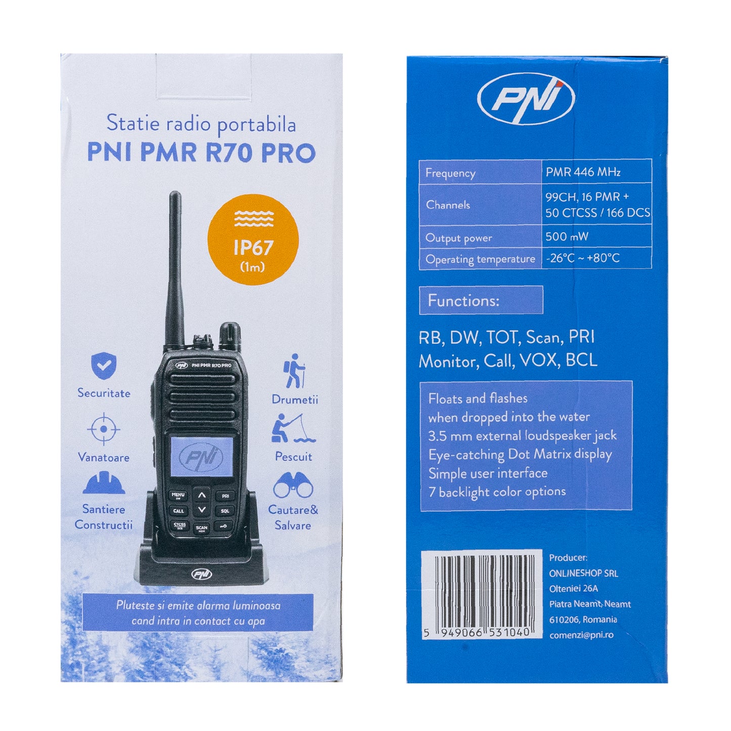 Statie radio portabila PNI PMR R70 PRO 446MHz, 16CH 0.5W, 99 canale programabile PC, tonuri 50 CTCSS si 166 DCS, IP67