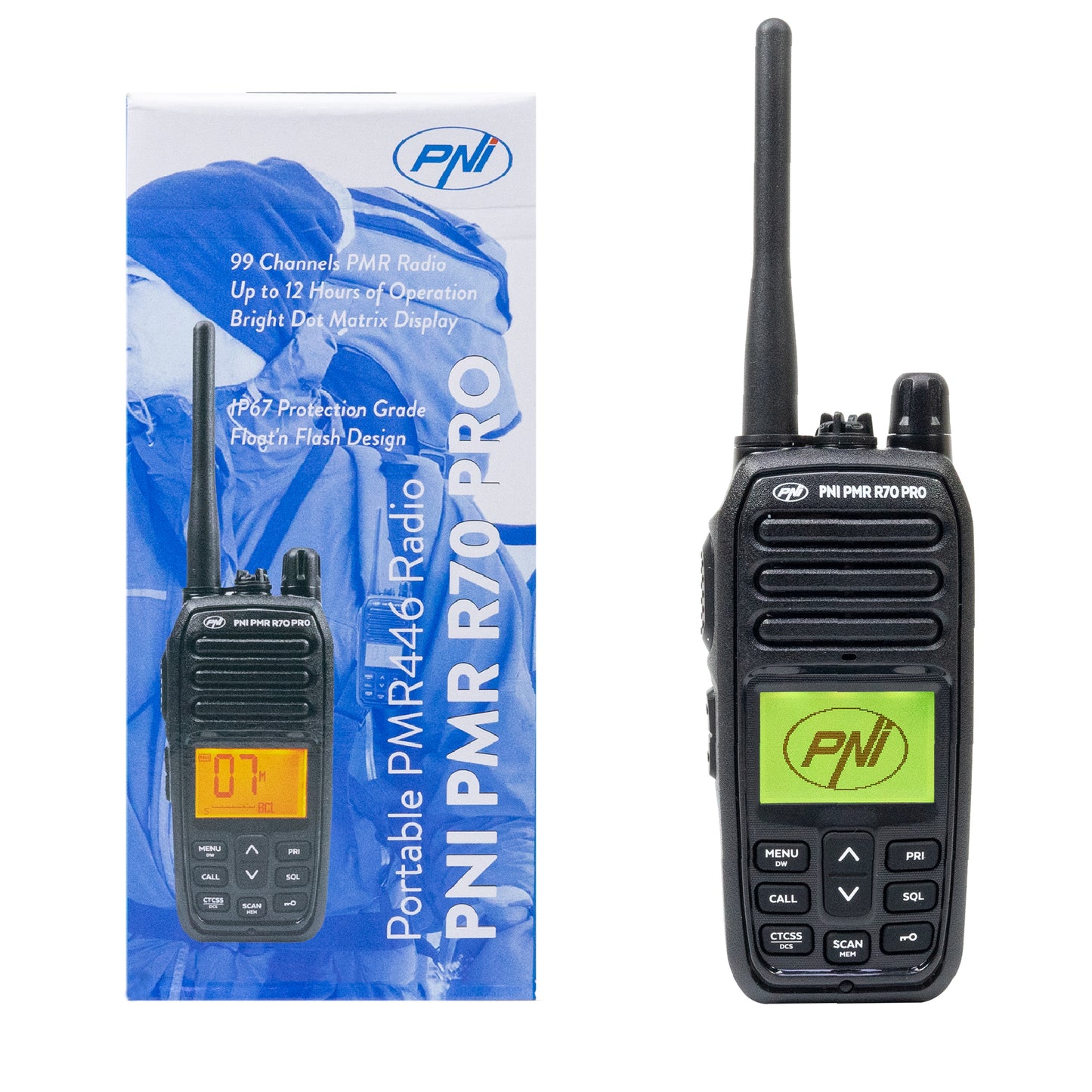 Statie radio portabila PNI PMR R70 PRO 446MHz, 16CH 0.5W, 99 canale programabile PC, tonuri 50 CTCSS si 166 DCS, IP67