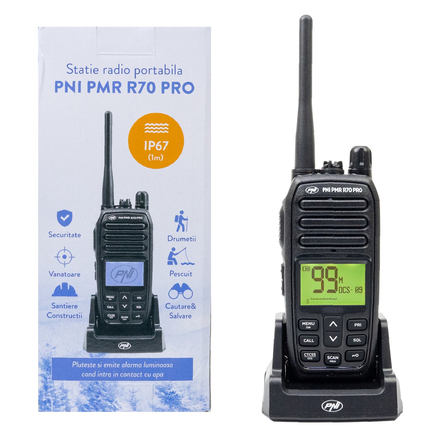 Statie radio portabila PNI PMR R70 PRO 446MHz, 16CH 0.5W, 99 canale programabile PC, tonuri 50 CTCSS si 166 DCS, IP67