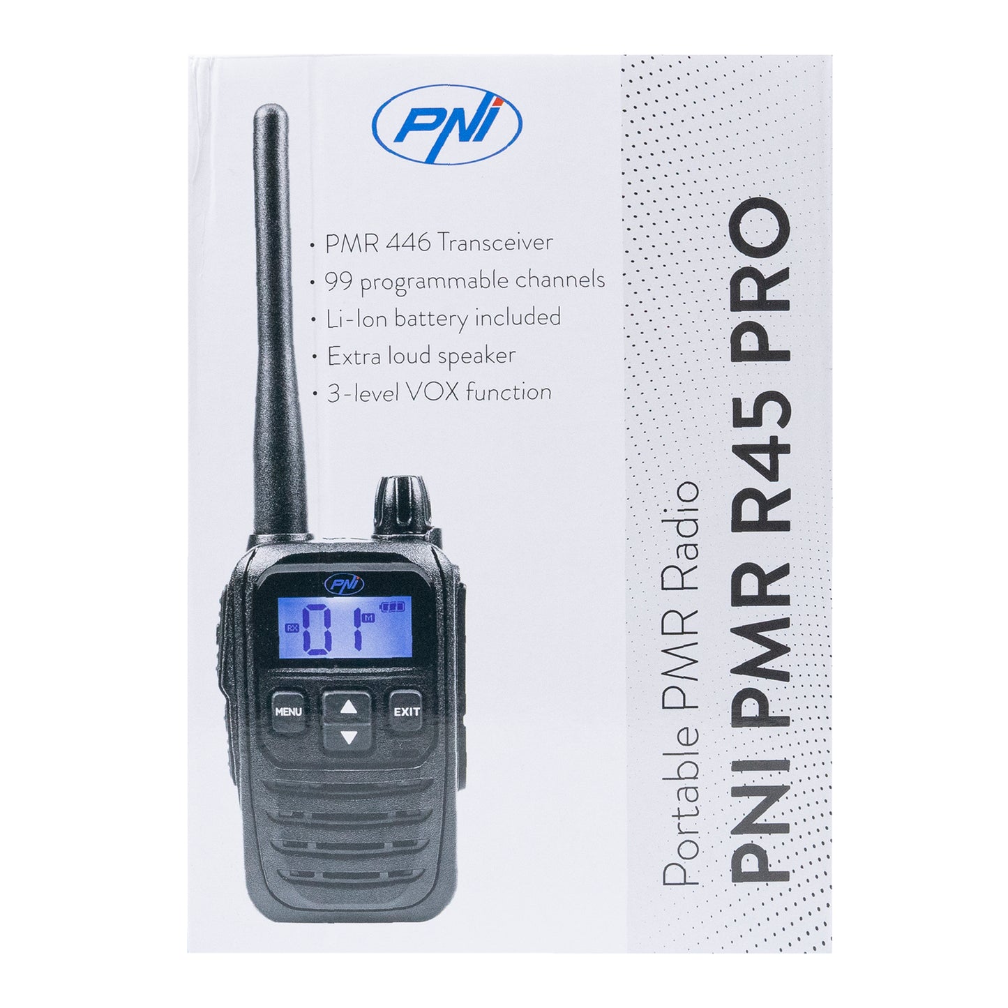 Statie radio portabila PNI PMR R45 PRO 446MHz, 0.5W, 99 canale programabile, 16 PMR si tonuri 38 CTCSS si 104 DCS, Squelch 5 niveluri, VOX, TOT, BCL, Scan, Roger Beep