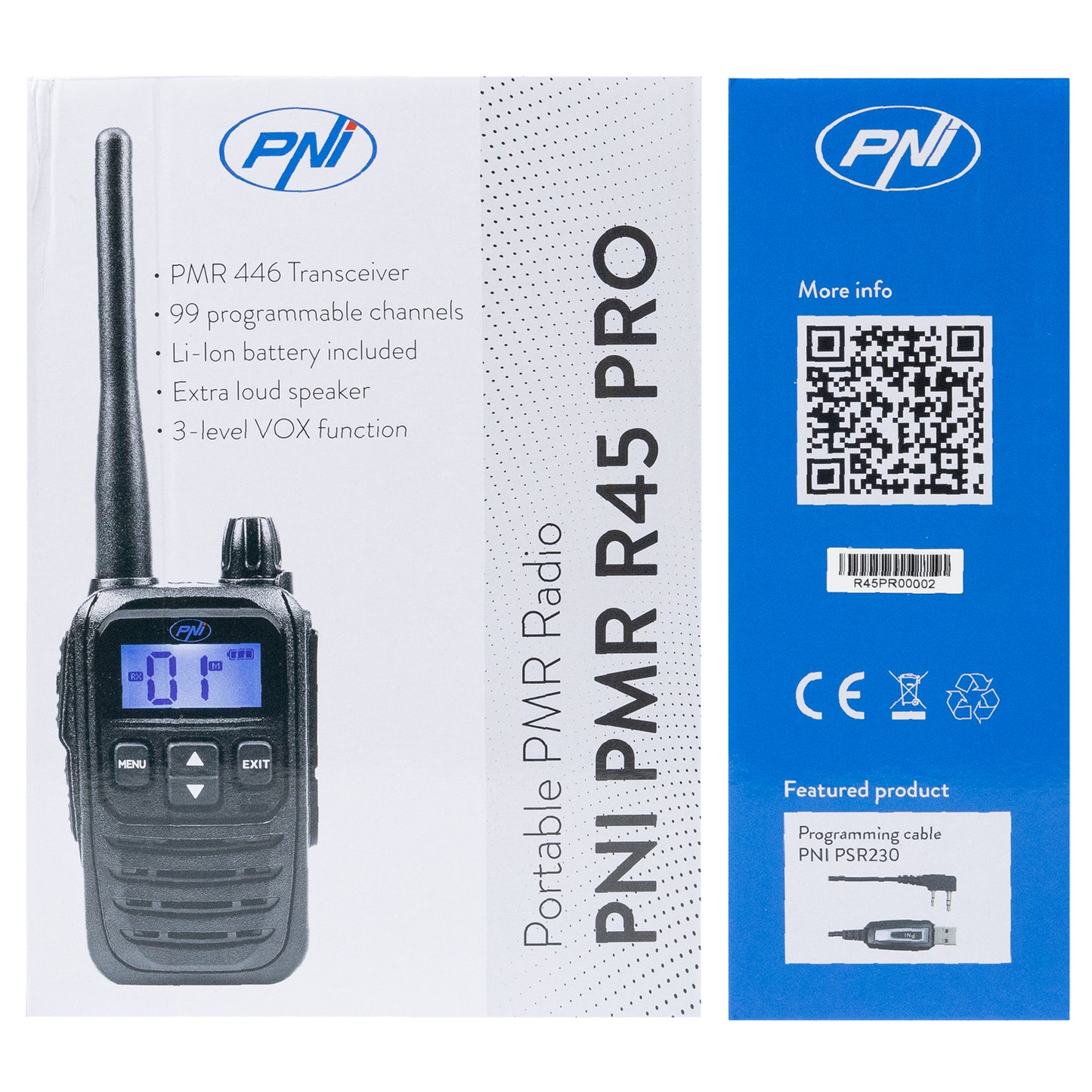 Statie radio portabila PNI PMR R45 PRO 446MHz, 0.5W, 99 canale programabile, 16 PMR si tonuri 38 CTCSS si 104 DCS, Squelch 5 niveluri, VOX, TOT, BCL, Scan, Roger Beep