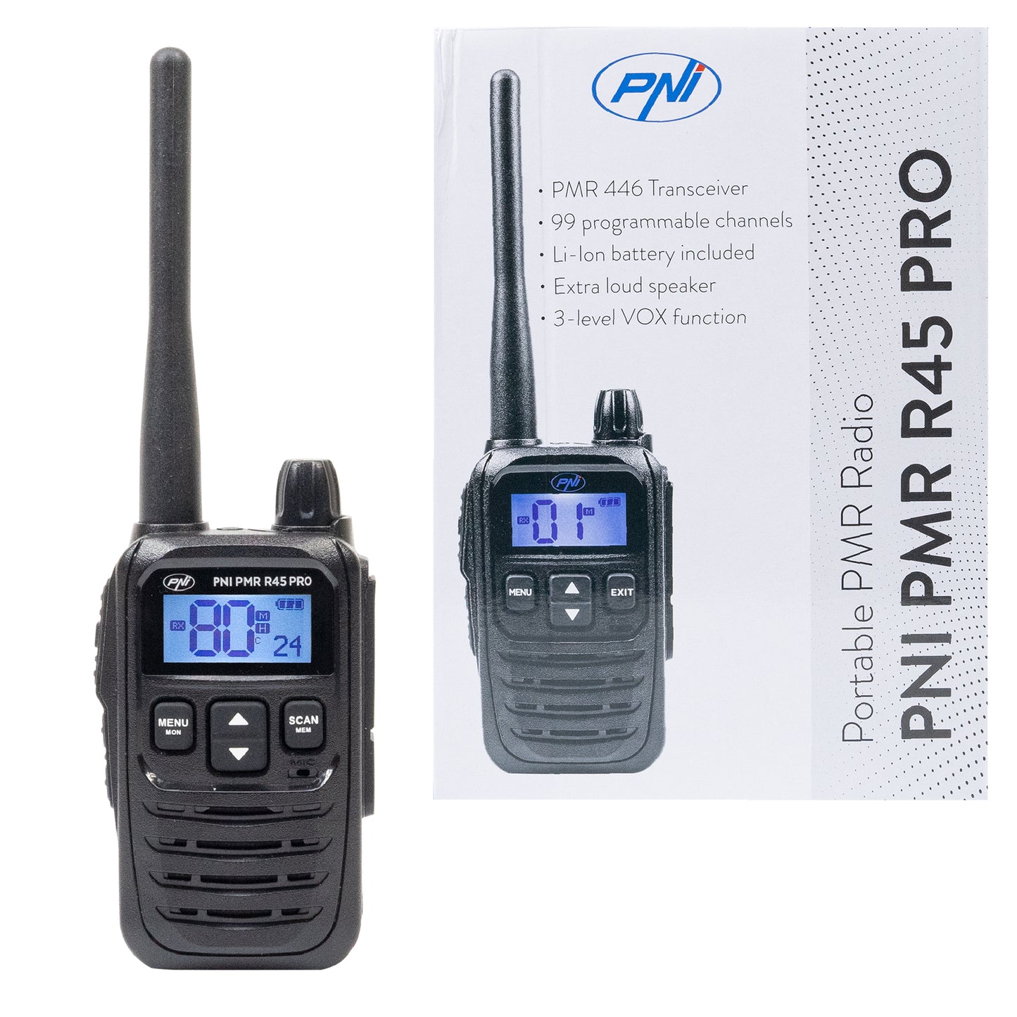 Statie radio portabila PNI PMR R45 PRO 446MHz, 0.5W, 99 canale programabile, 16 PMR si tonuri 38 CTCSS si 104 DCS, Squelch 5 niveluri, VOX, TOT, BCL, Scan, Roger Beep
