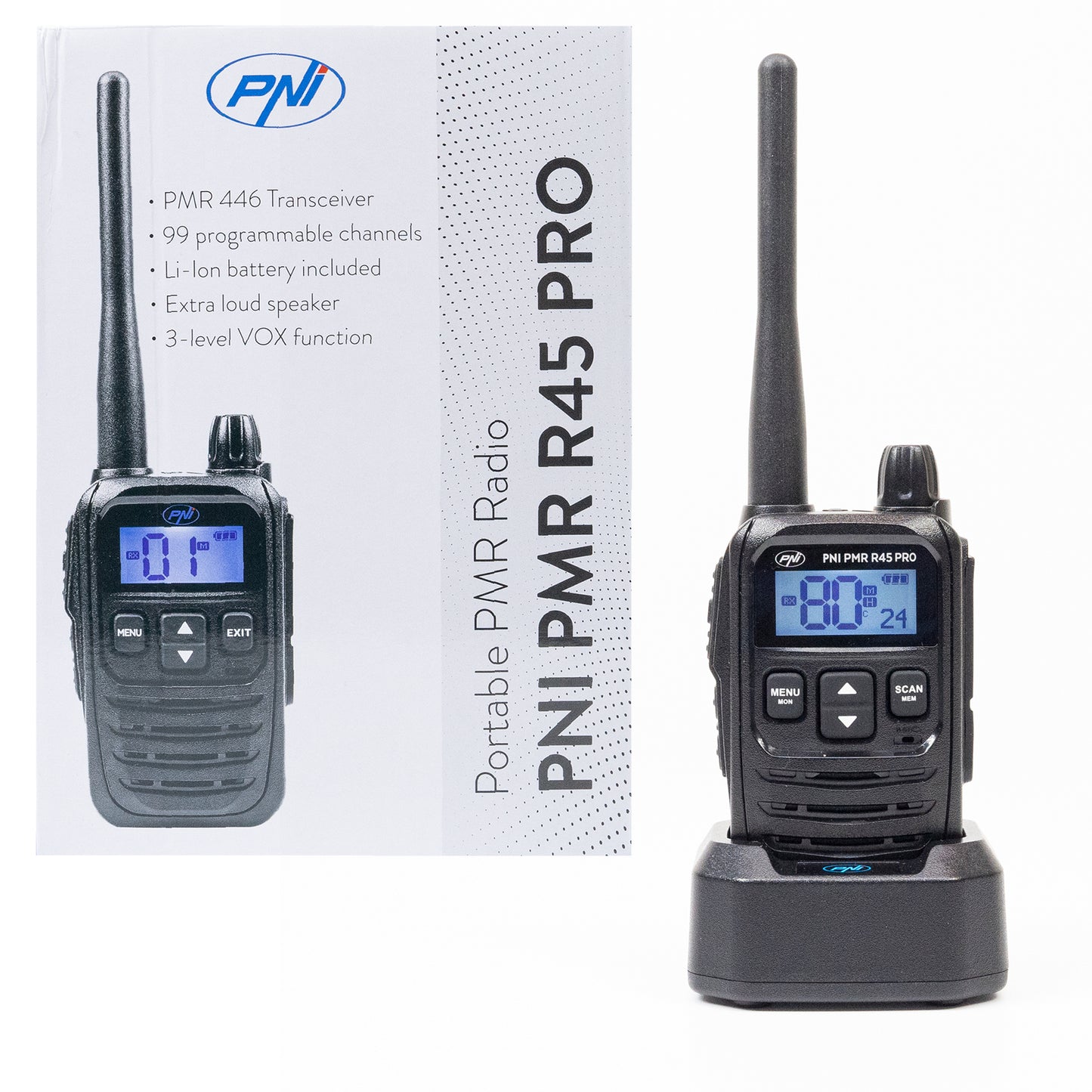 Statie radio portabila PNI PMR R45 PRO 446MHz, 0.5W, 99 canale programabile, 16 PMR si tonuri 38 CTCSS si 104 DCS, Squelch 5 niveluri, VOX, TOT, BCL, Scan, Roger Beep