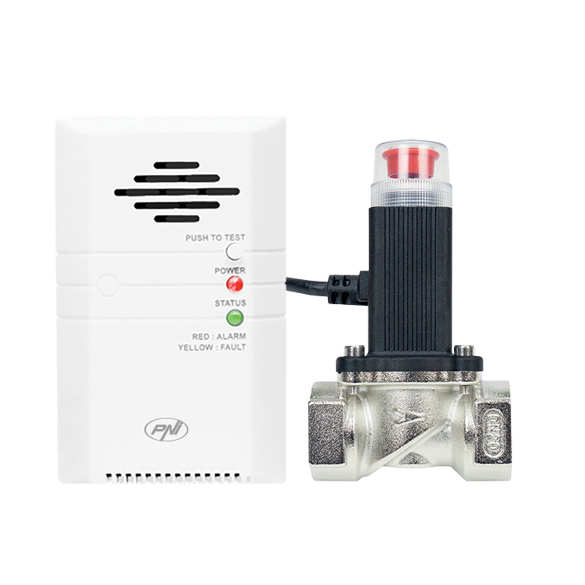 Kit PNI Safe House 400 senzor de gaz si electrovalva 3/4 inch, alarma sonora si luminoasa, 85dB, detecteaza gaze naturale, gaz metan (CH4)