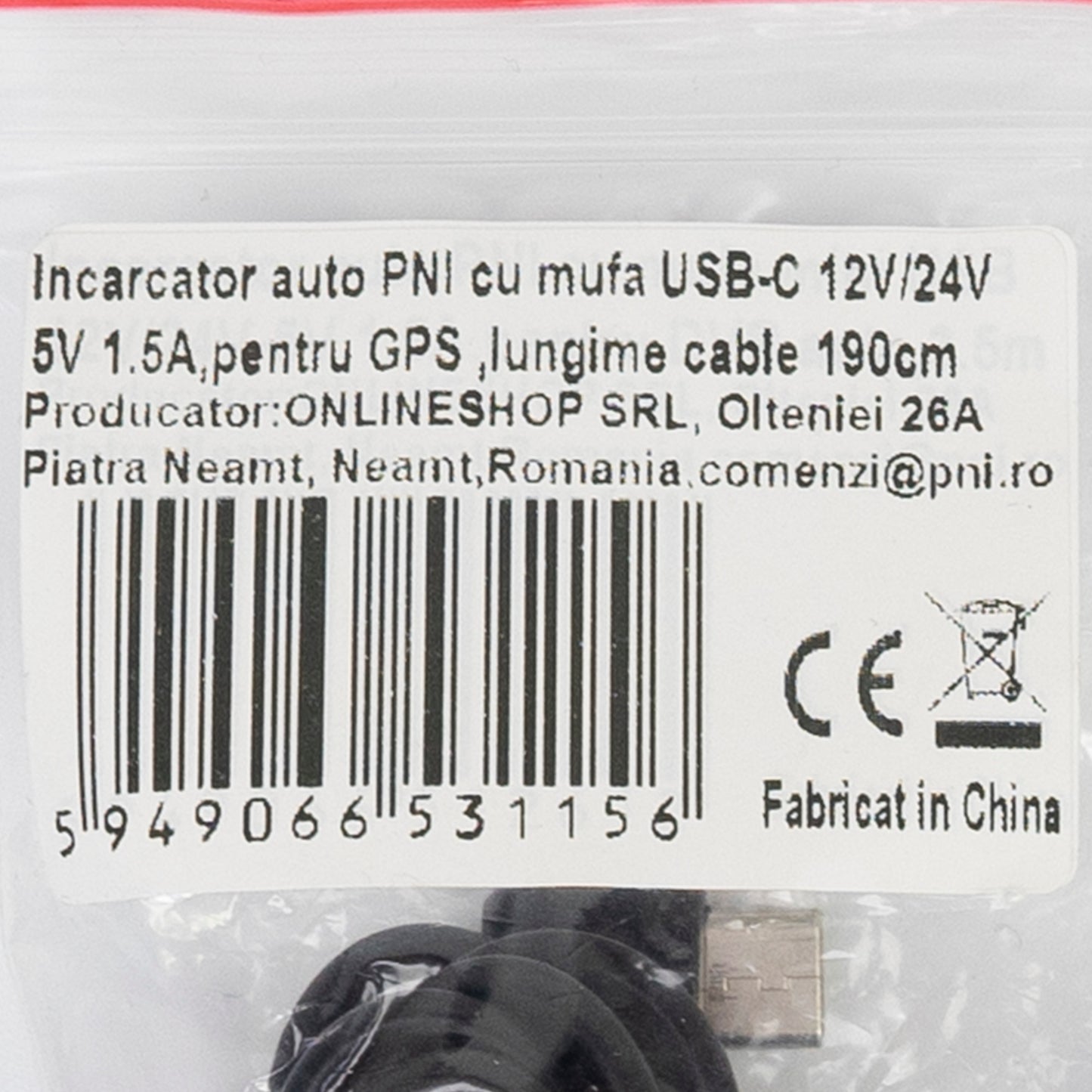 Incarcator auto PNI cu mufa USB-C 12V/24V - 5V 2A, pentru GPS, lungime cablu 190 cm
