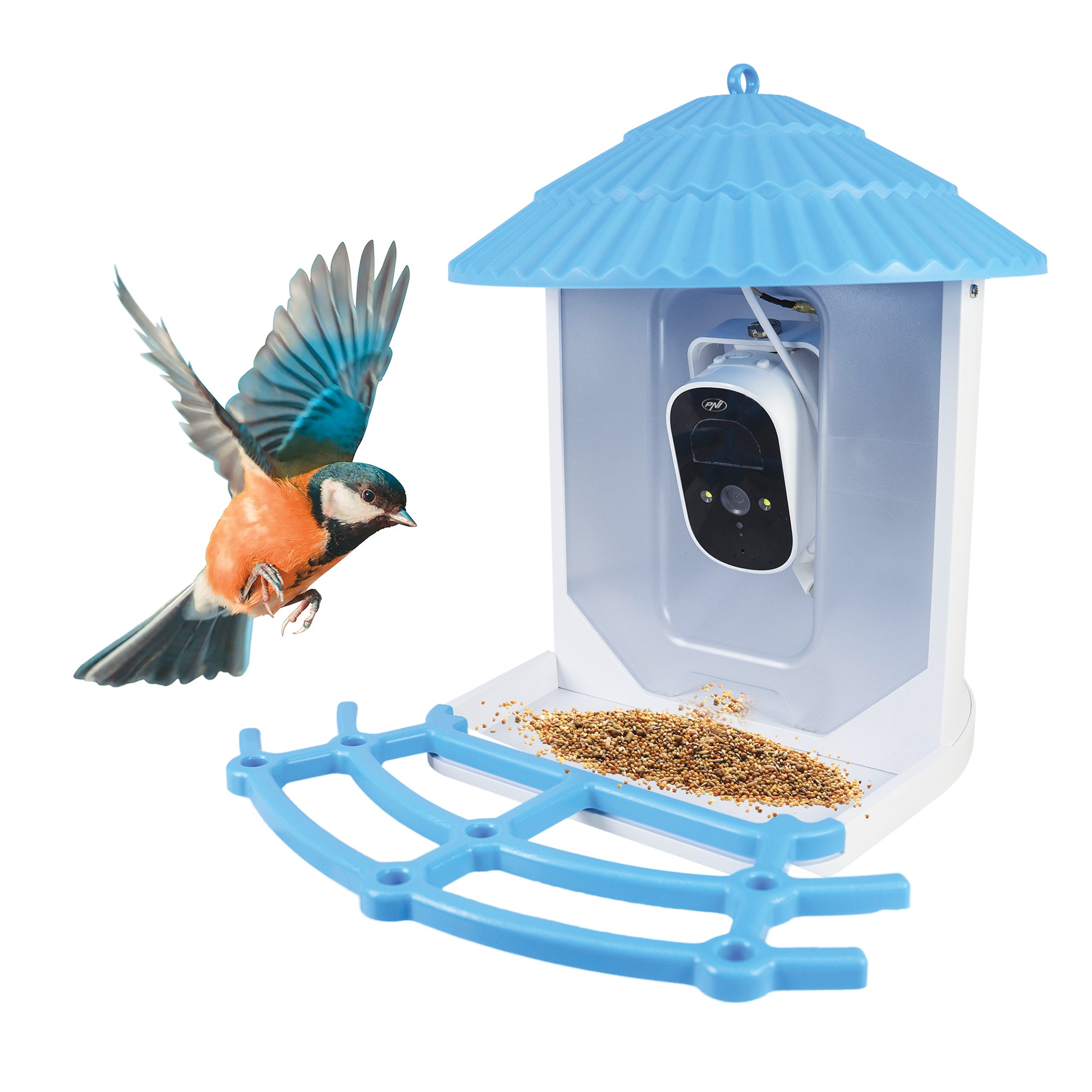 Hranitoare inteligenta pentru pasari PNI MyBird PT035 cu camera Wi-Fi 4MP si panou solar 3W, rezervor hrana 2l, aplicatie dedicata, detectie miscare, notificari instant, slot card micro SD, audio bidirectional, vizibilitate noctura