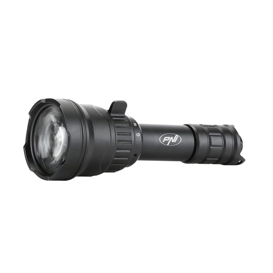 Lanterna PNI Adventure F300 cu LED in 3 culori, alb, rosu, verde, max. 10W, IPX6, distanta 536 m, flux luminos 540 lm, acumulator 18650 3000mAh inclus, incarcator pentru acumulator inclus, functie zoom si dimming