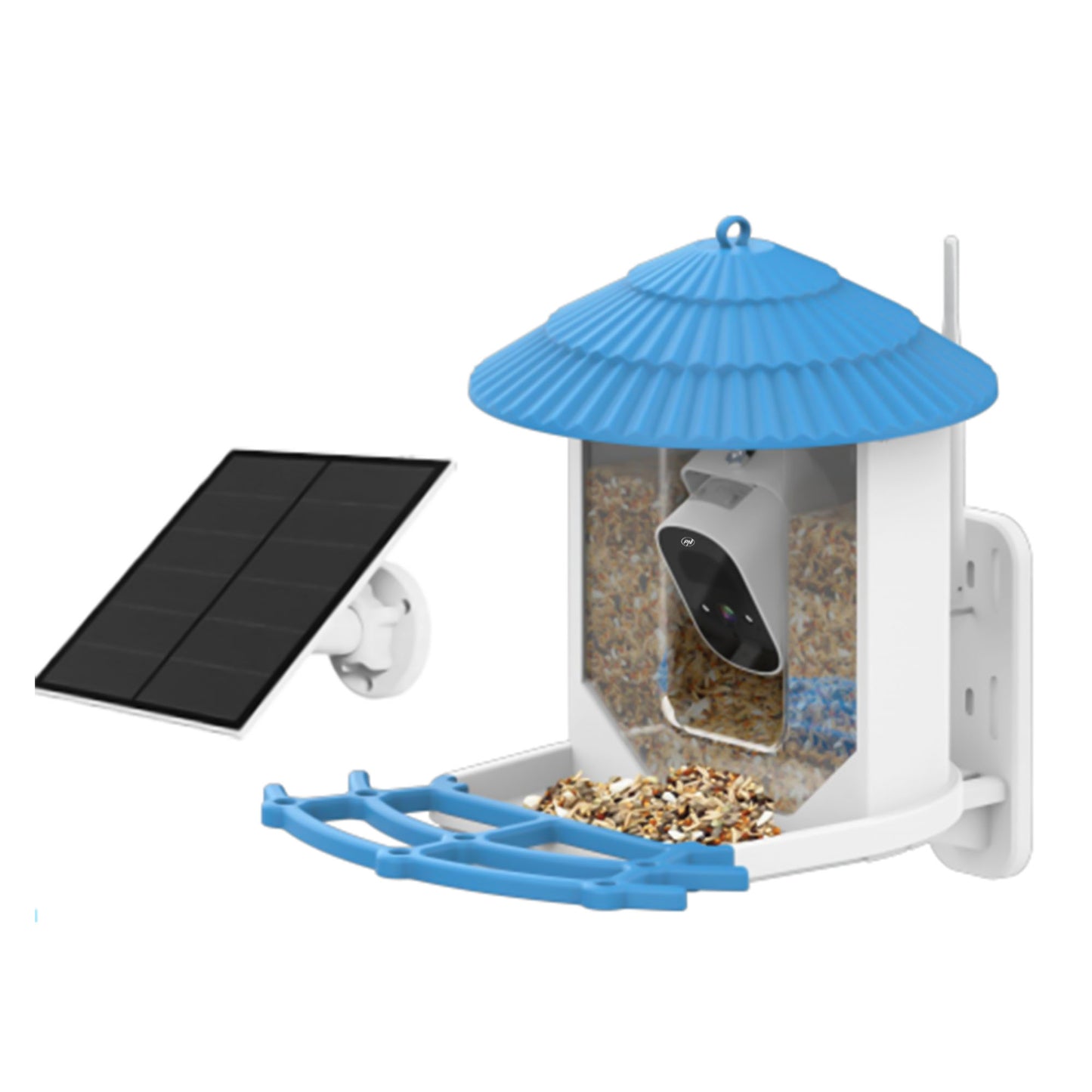 Hranitoare inteligenta pentru pasari PNI MyBird PT035 cu camera Wi-Fi 4MP si panou solar 3W, rezervor hrana 2l, aplicatie dedicata, detectie miscare, notificari instant, slot card micro SD, audio bidirectional, vizibilitate noctura