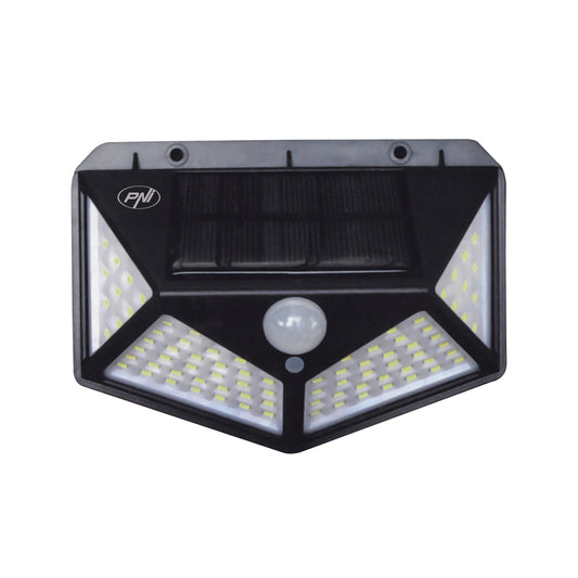 Lampa solara LED PNI GreenHouse WS10, 100 LED-uri, 600 lm, unghi PIR 120 grade, acumulator 1800 mAh, montaj pe perete