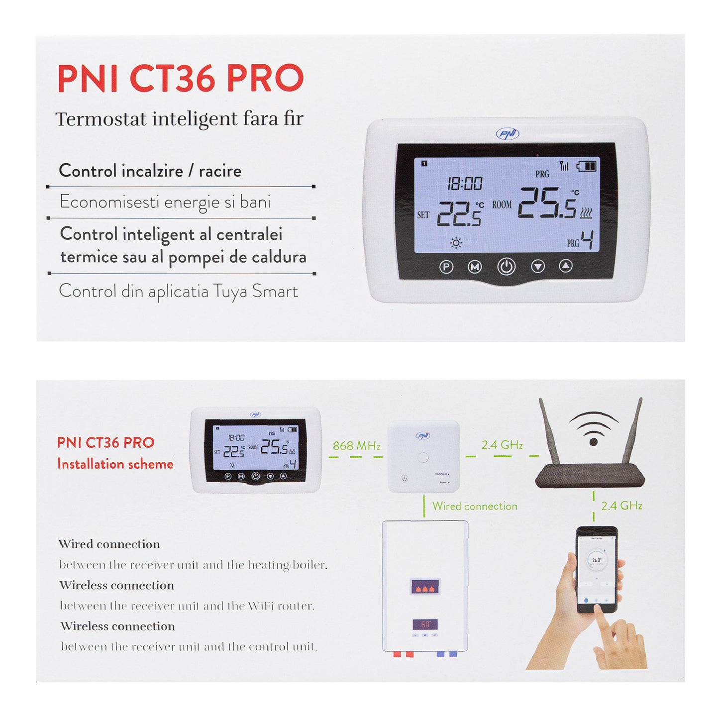 Termostat inteligent PNI CT36 PRO fara fir, histerezis ± 0.1°C WiFi 2.4GHz, control prin Internet APP TuyaSmart, regim iarna-vara, pentru centrale termice