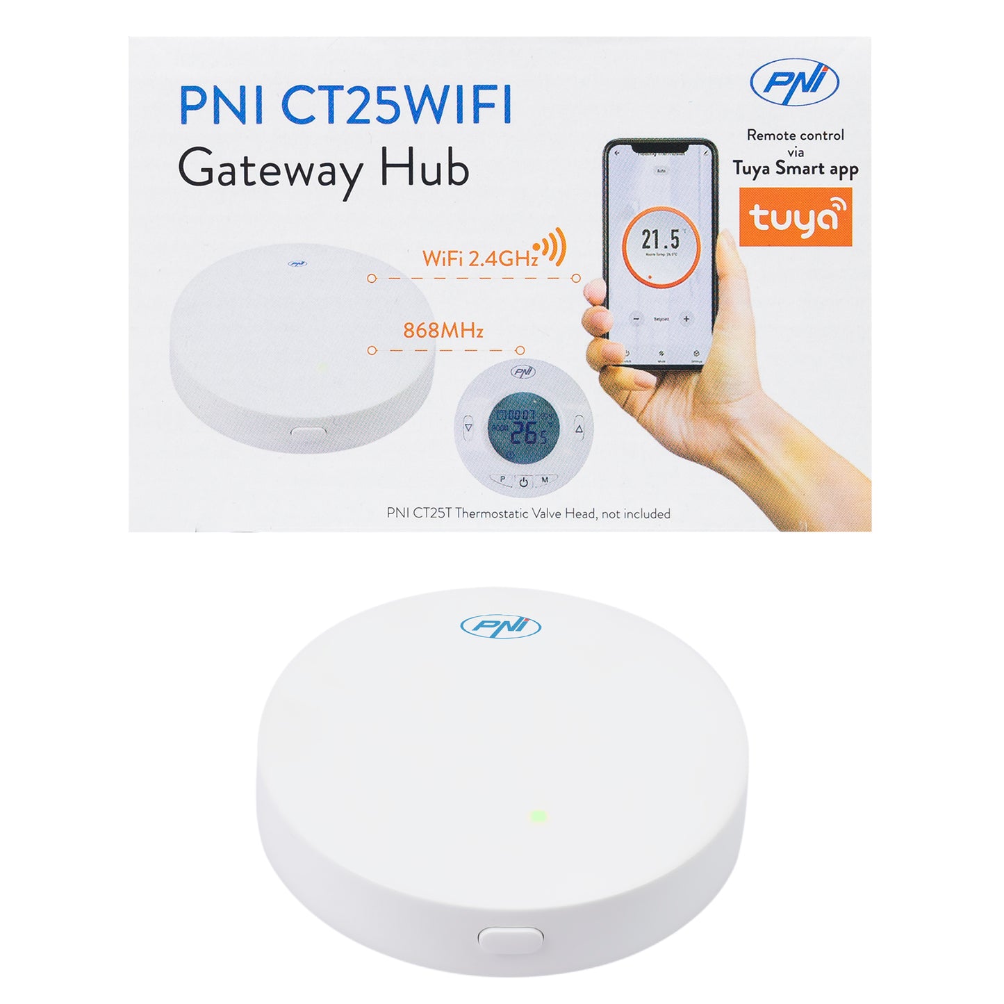 Hub Internet PNI CT25WIFI pentru Cap termostatic PNI CT25T, pentru control temperatura calorifere din aplicatie mobil Tuya Smart, integrare in scenarii si automatizari smart cu alte produse compatibile Tuya, Alexa si Google Assistant