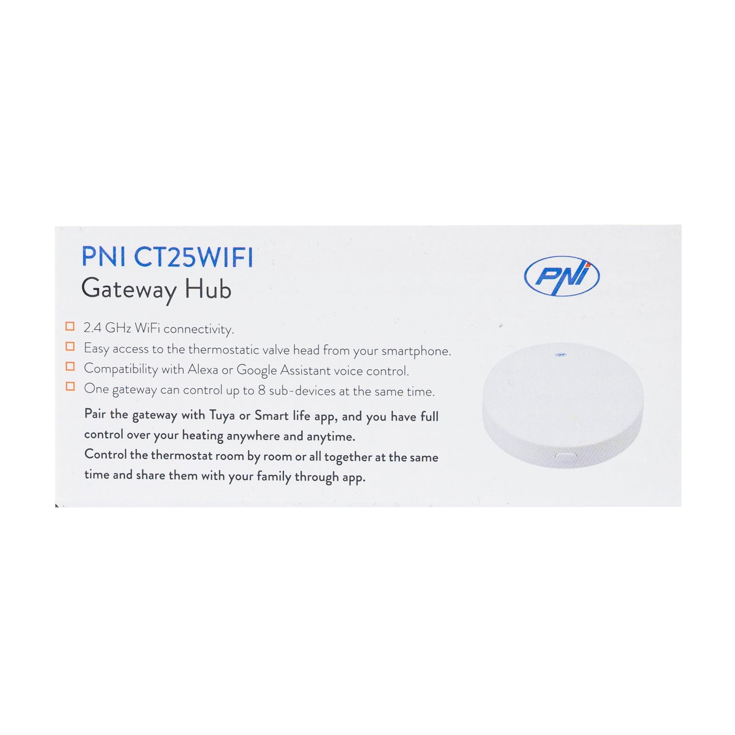 Hub Internet PNI CT25WIFI pentru Cap termostatic PNI CT25T, pentru control temperatura calorifere din aplicatie mobil Tuya Smart, integrare in scenarii si automatizari smart cu alte produse compatibile Tuya, Alexa si Google Assistant