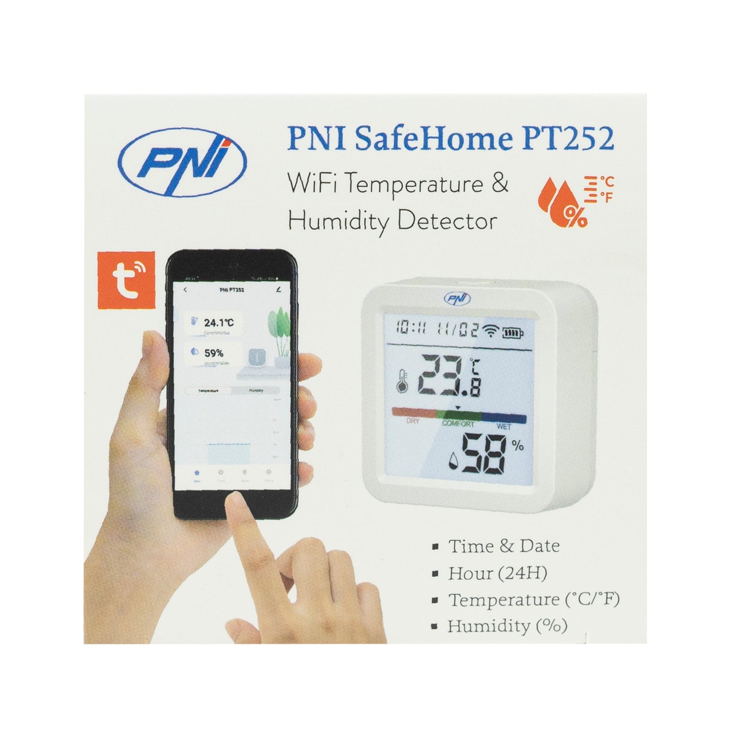 Senzor inteligent de temperatura si umiditate PNI SafeHome PT252 WiFi aplicatie de mobil Tuya Smart